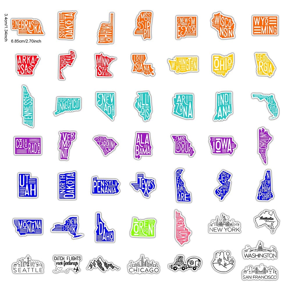 50pcs US State Stickers, Travel Vacation America USA Camper Trailer, 142