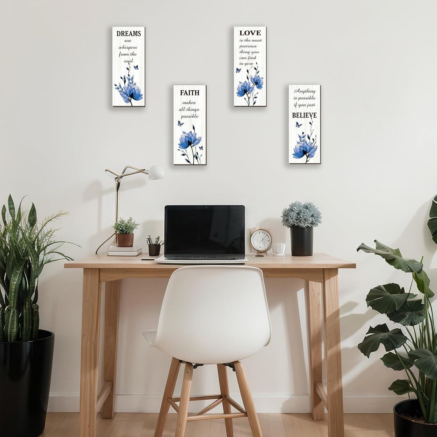 4 Pcs Blue Bathroom Decor Blue Wall Decor With Flower Dreams Faith Love Believe