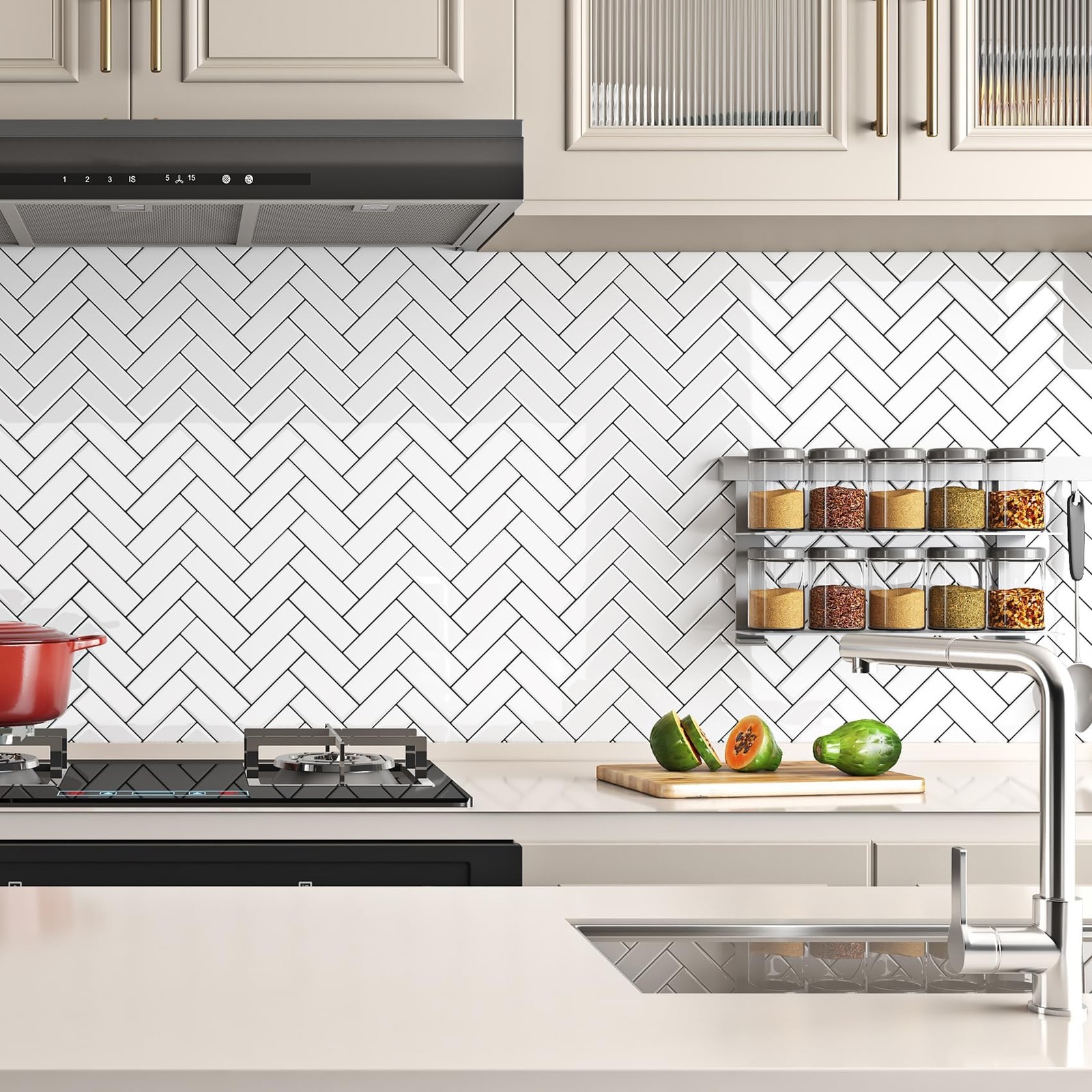 White Herringbone Subway Tile Peel and Stick Backsplash for Kitchen Wall Bath…