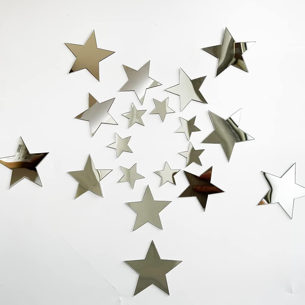 40Pcs Silver Stars Acrylic Mirror Wall Stickers with Adhesive Art Decal Satin…