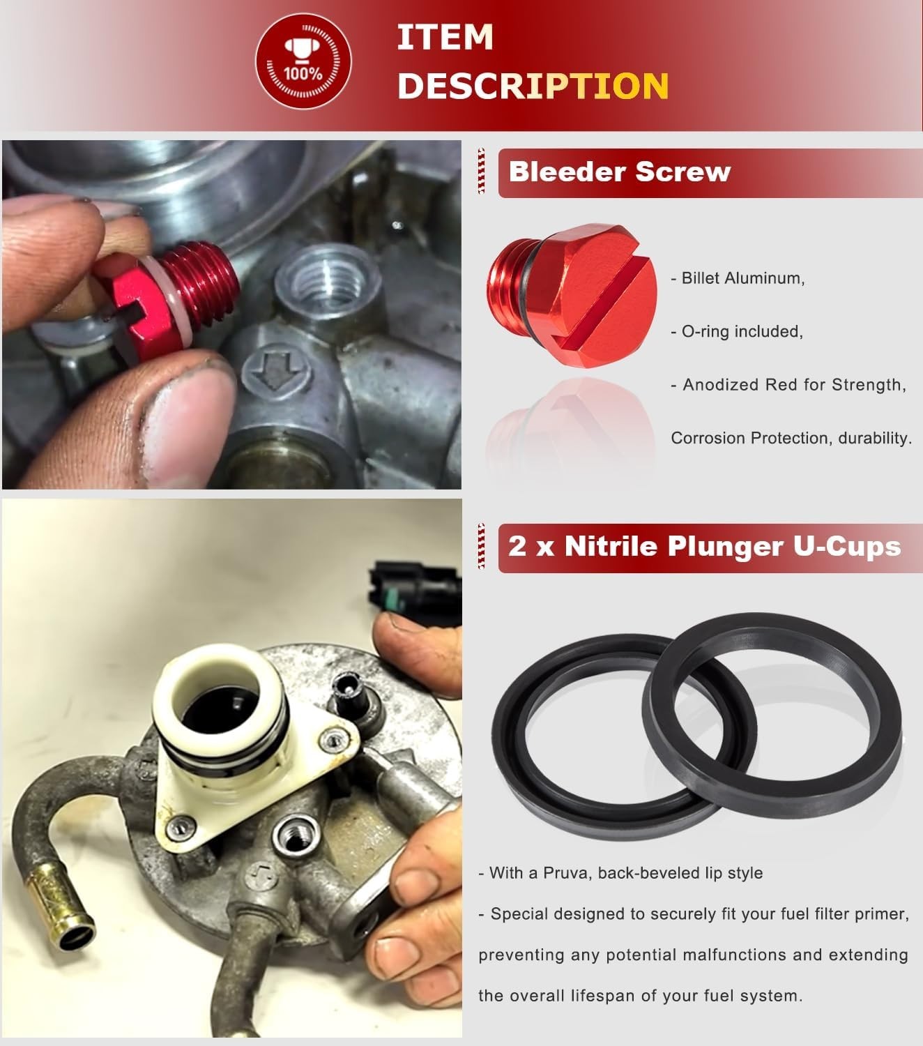 6.6L Duramax Fuel Filter Primer Rebuild Seal Kit Viton O-Rings Billet Bleeder Sc