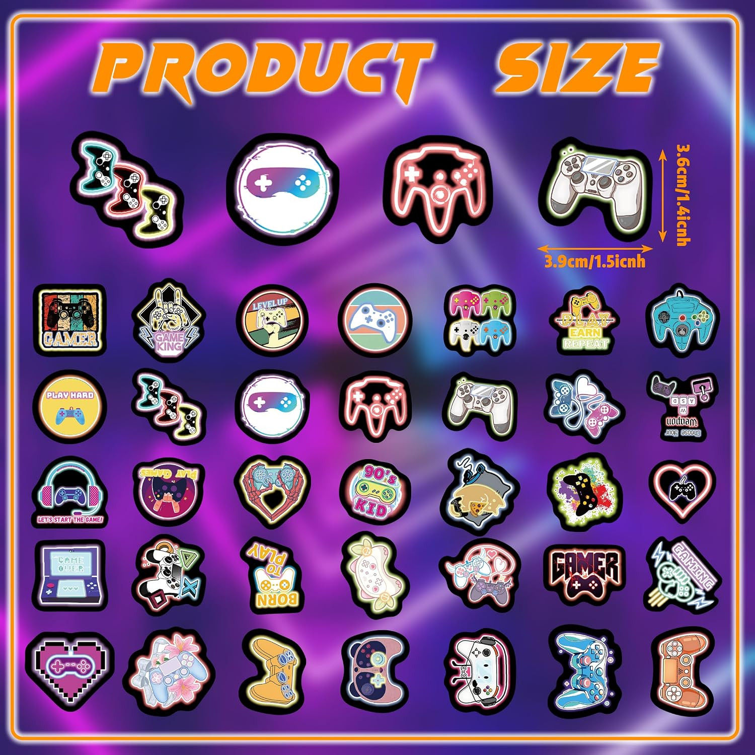 70 Pcs Neon Game Kids Stickers, Gamer Gamepad Vinyl Sticker for Water Bottle, Wa