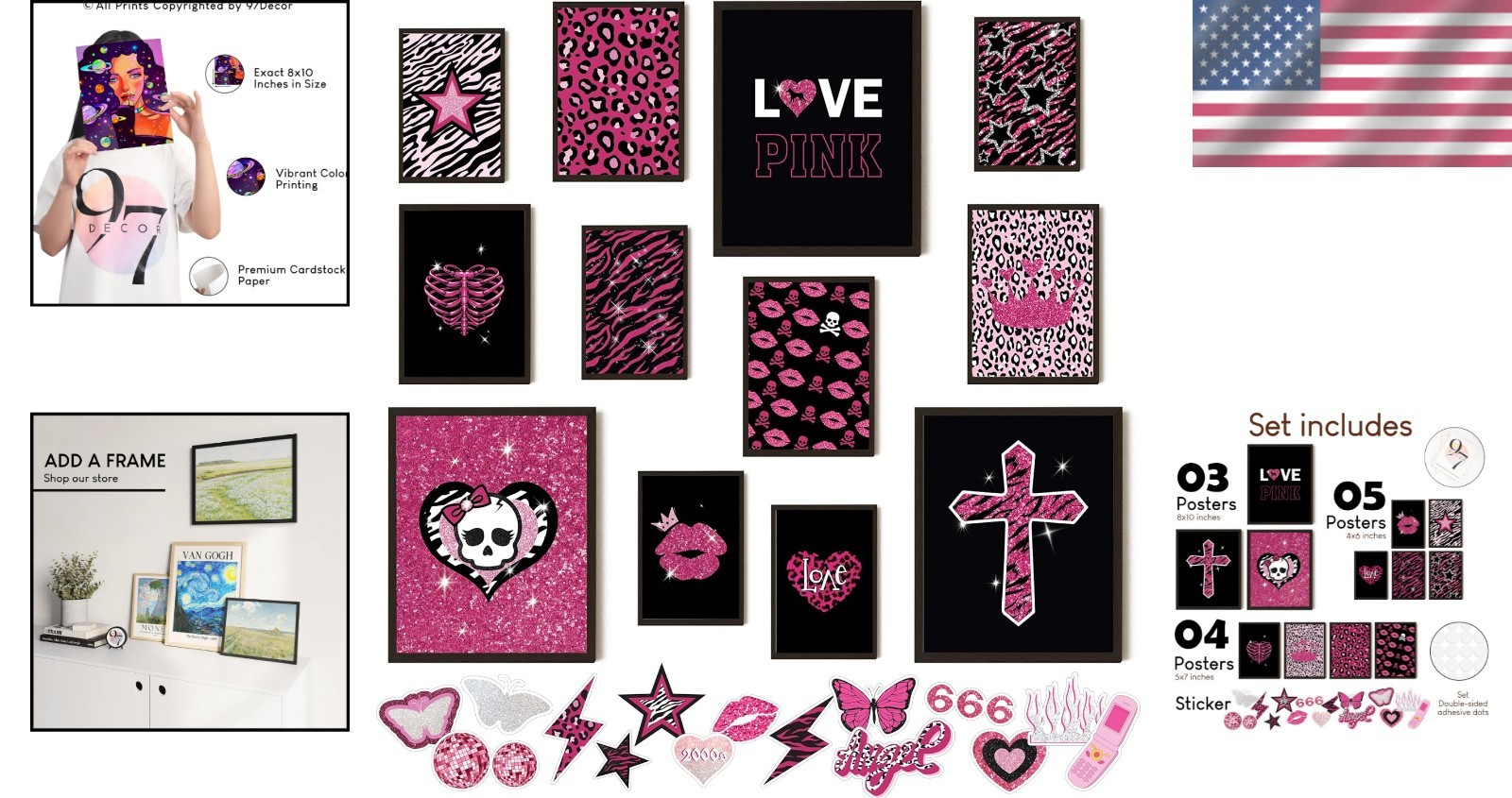 Vibrant Y2K Decor Collection – Unframed Hot Pink Posters for Teens, 12-Piece Set