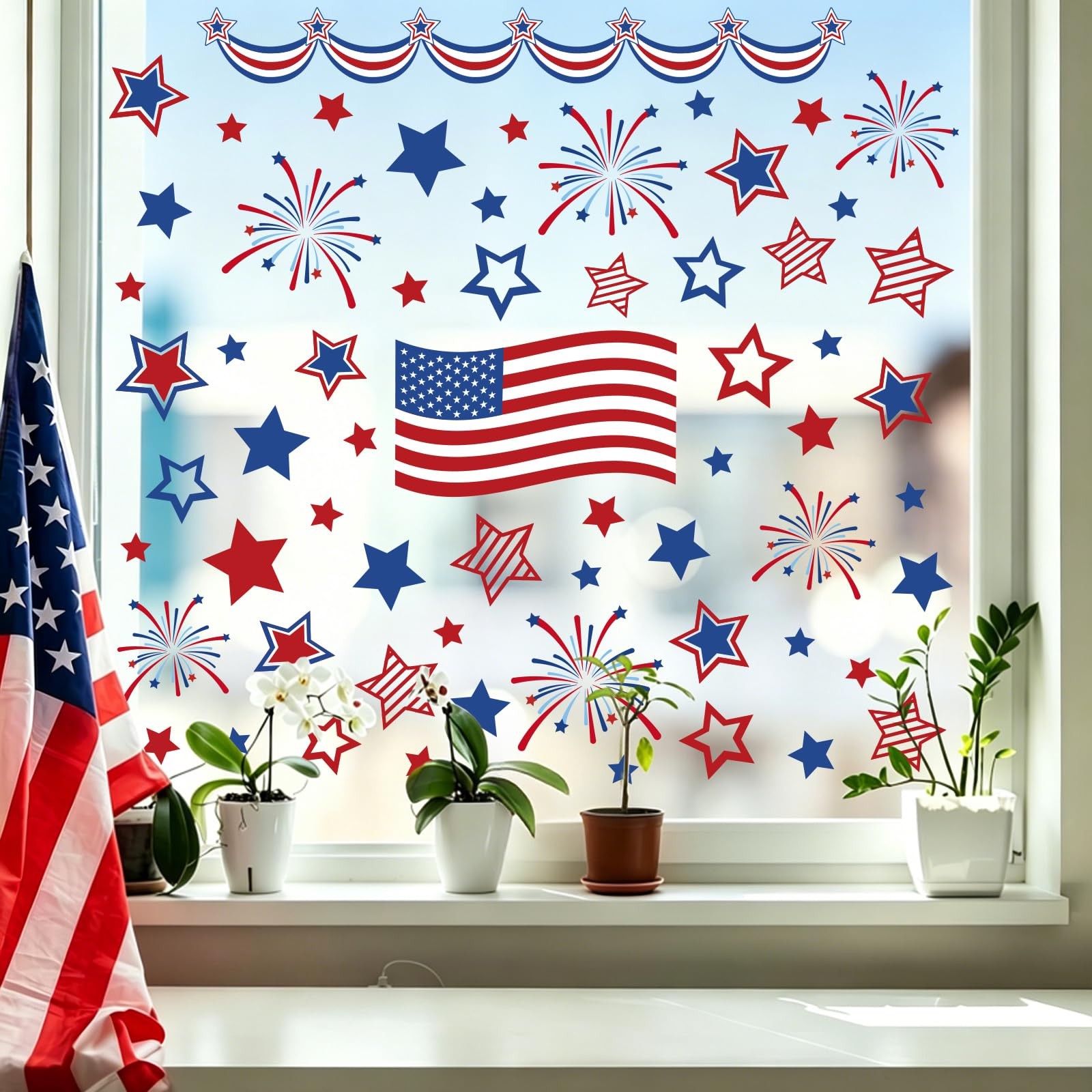 FYSUIMU 9 Sheets 4th of July Window Clings American 7.1 x 11.8 inch, Blue Red
