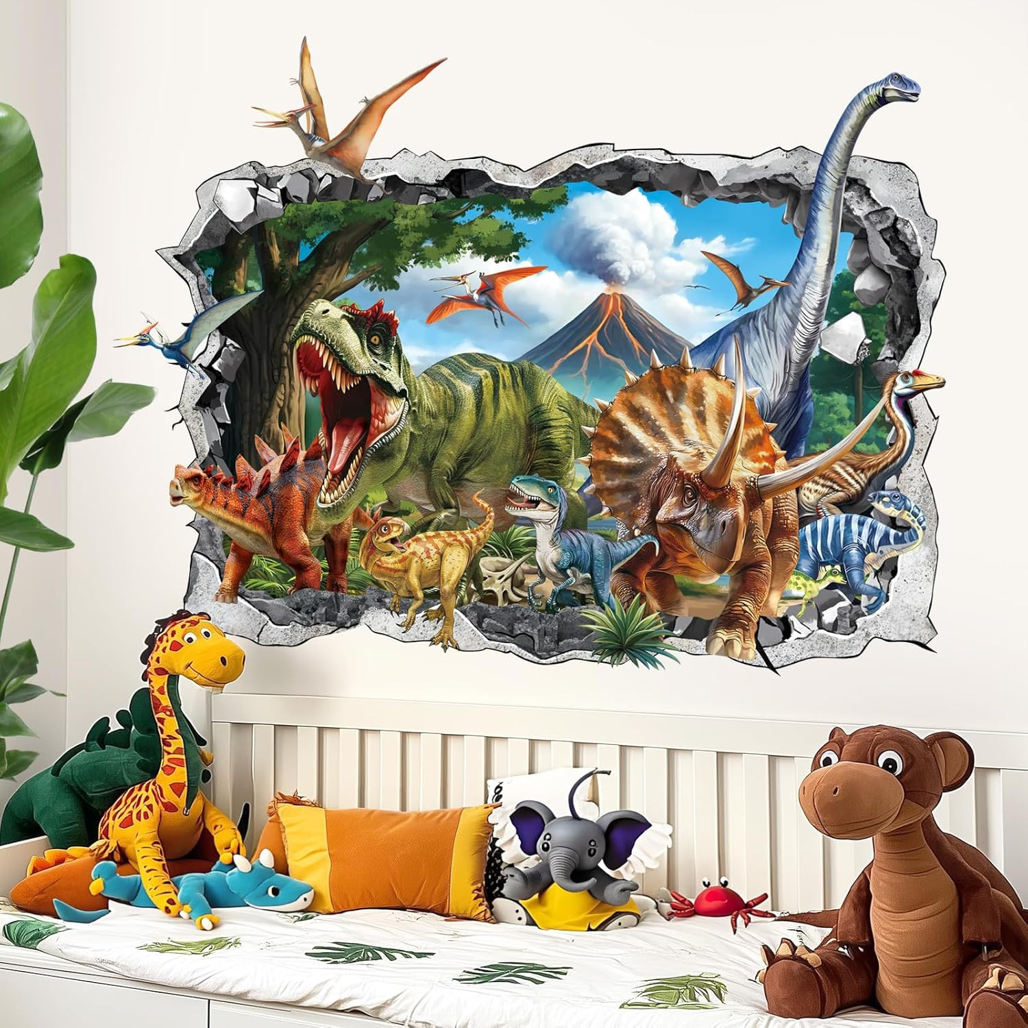 3D Dinosaur Wall Stickers Large Dino Crack Hole Dinosaur Animals Volcano Wall De