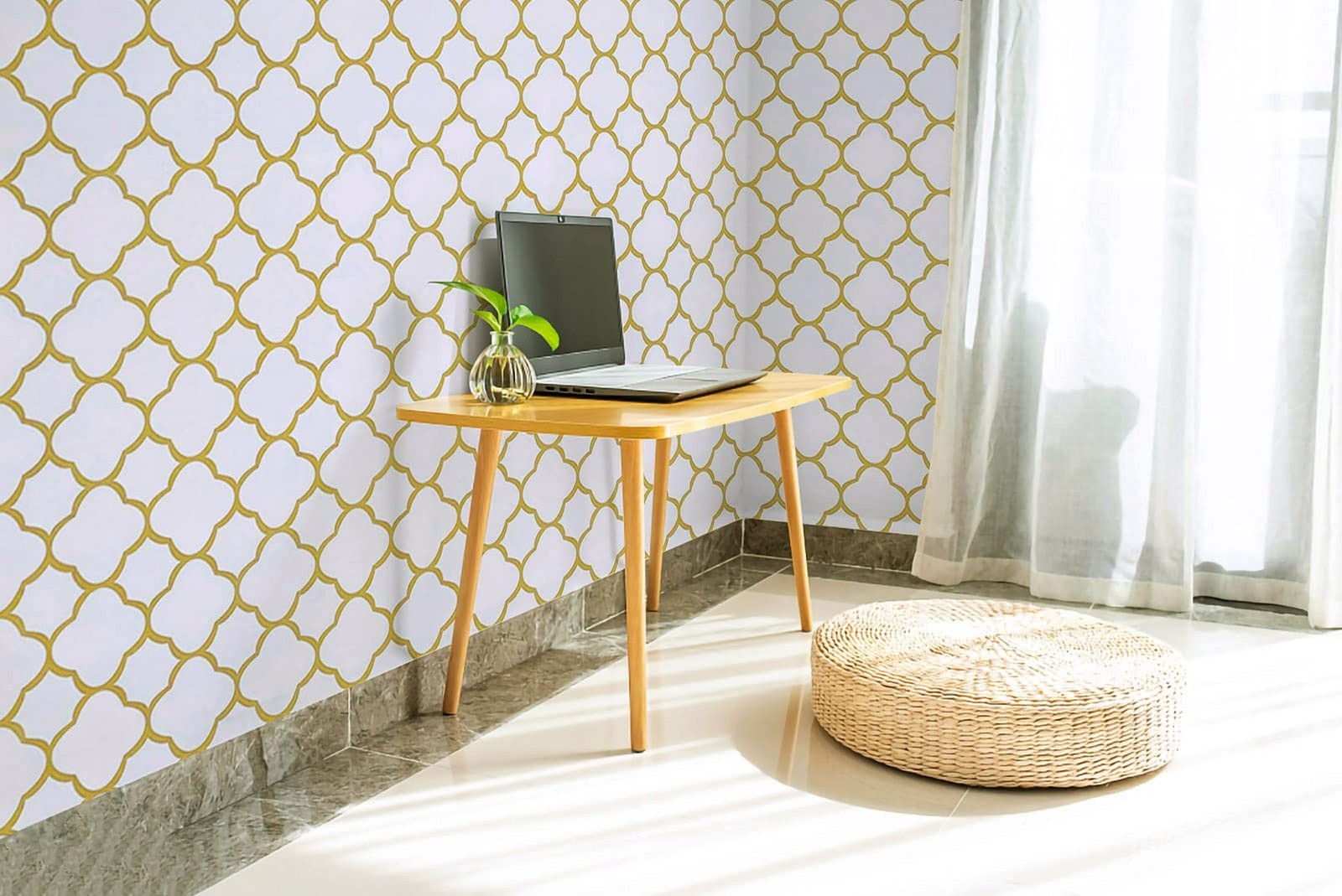 Safiyya 118"x17.7" Gold Peel and Stick Wallpaper White and Gold Pattern Conta…