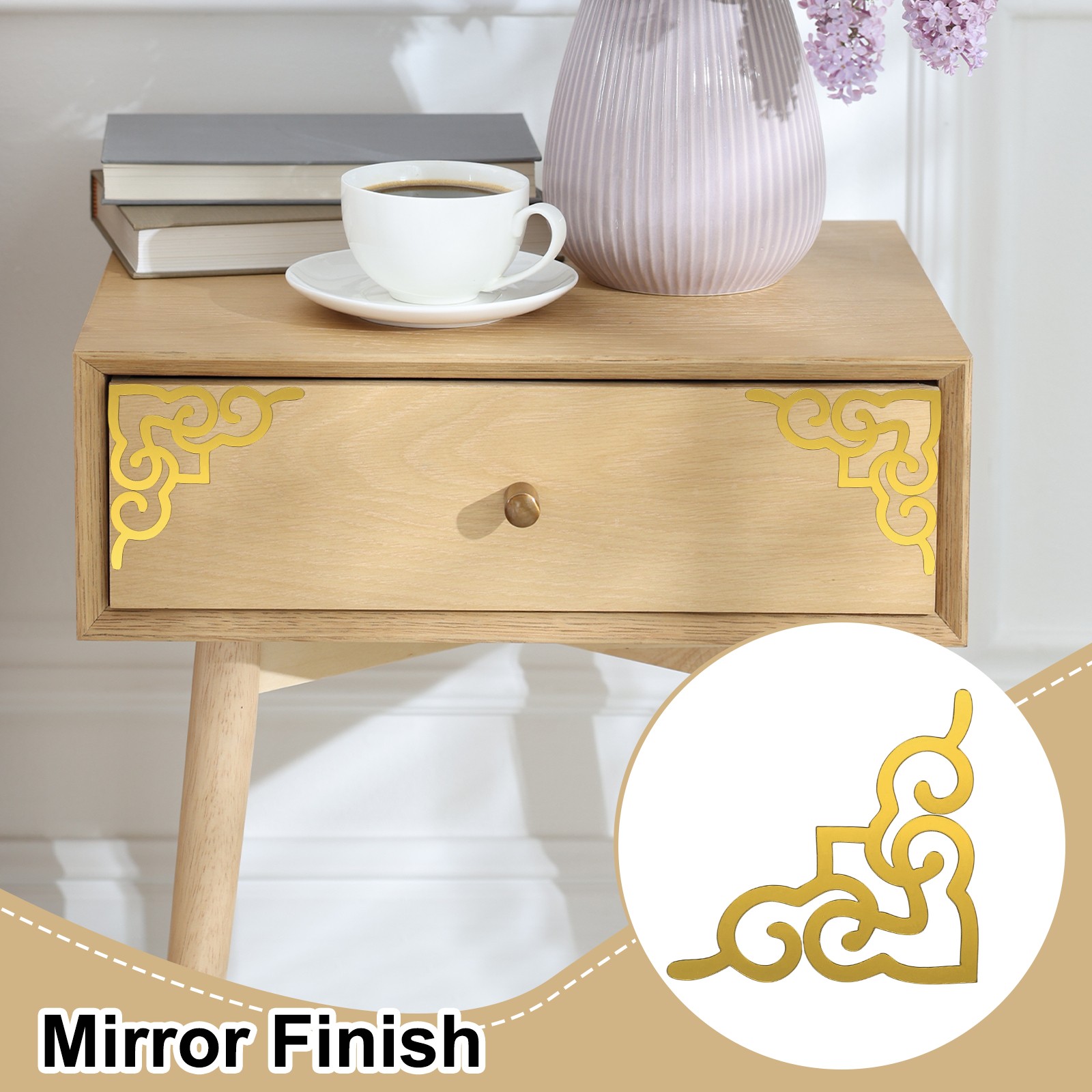 8 Pcs Hollow Mirror Wall Stickers (Light Gold Tone, 3.9 x 3.9")