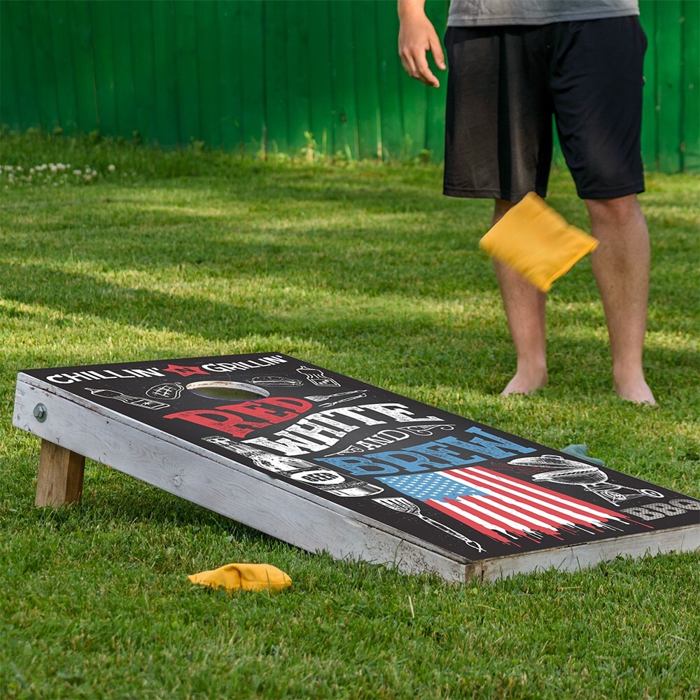 Red White and Brew Beer American Flag Chalkboard Style Cornhole Wraps Sticker