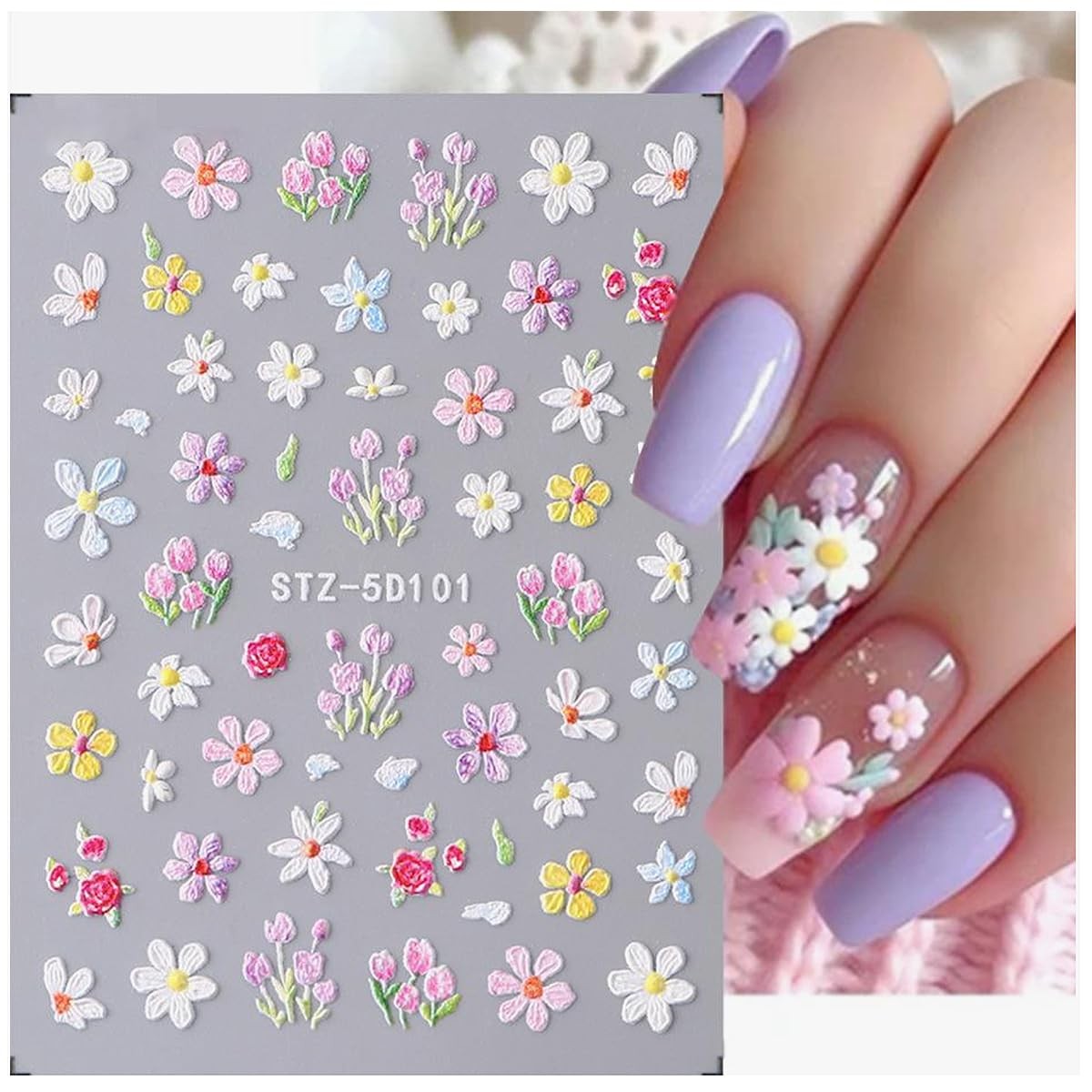 JMEOWIO 3D Embossed Flower Nail Art Stickers Decals Self-Adhesive 5D Colorful