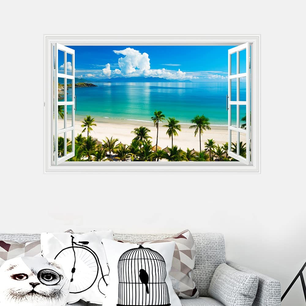 Fake Windows Wall Sticker, Removable 3D Beach Seascape Faux Windows Wall Decals