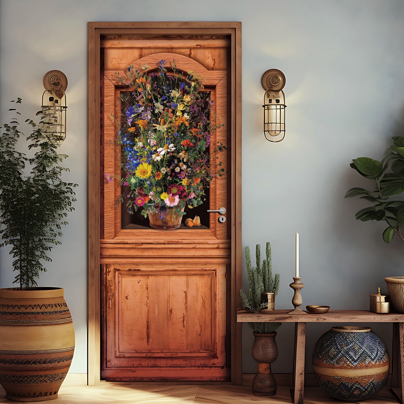Floral Door, Botanical, Flowers, 1 Piece Laminated Sticker Mural, Self-adhesive