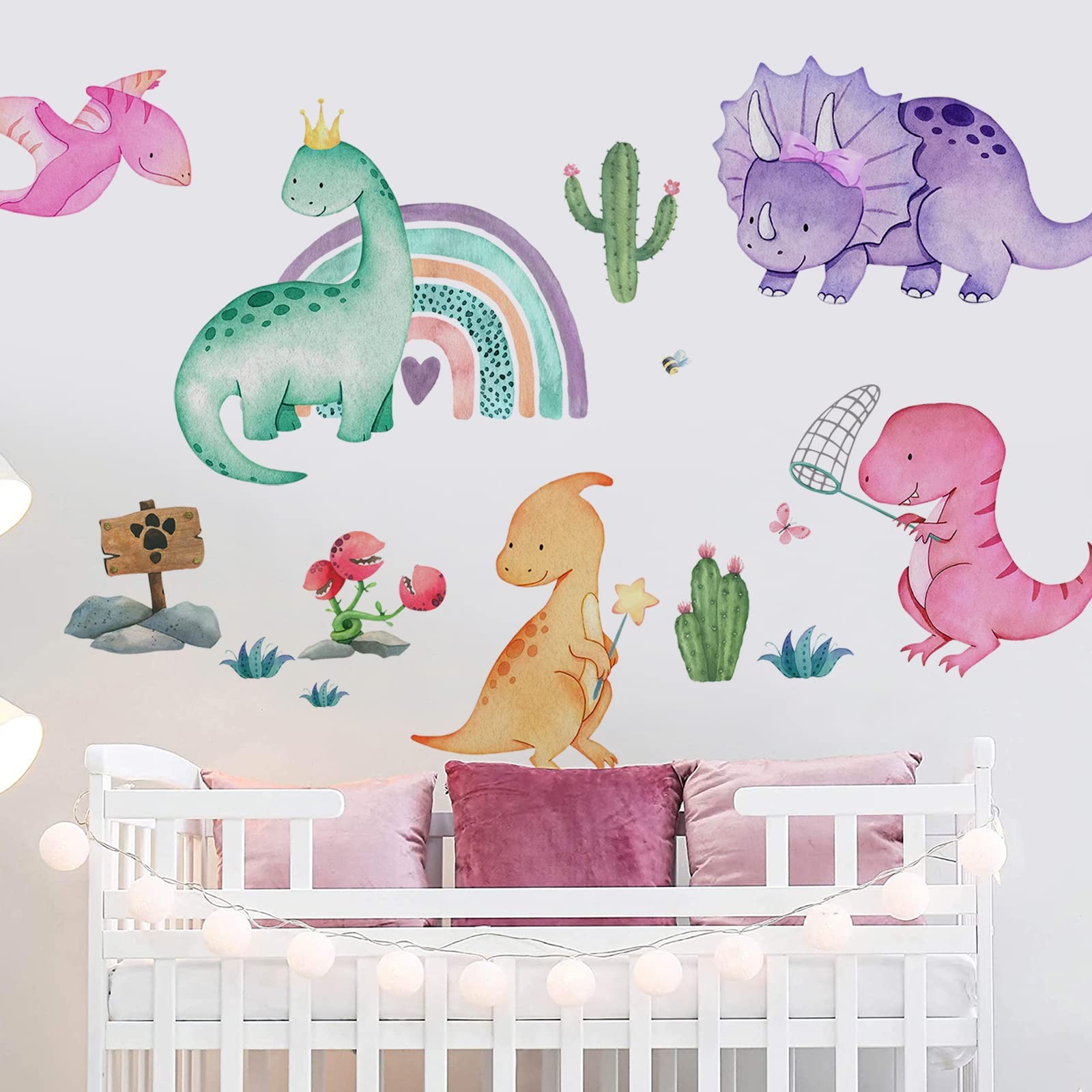 Watercolor Girls Dinosaur Wall Decals Stickers, Dino Rainbow Cactus Nursery D…