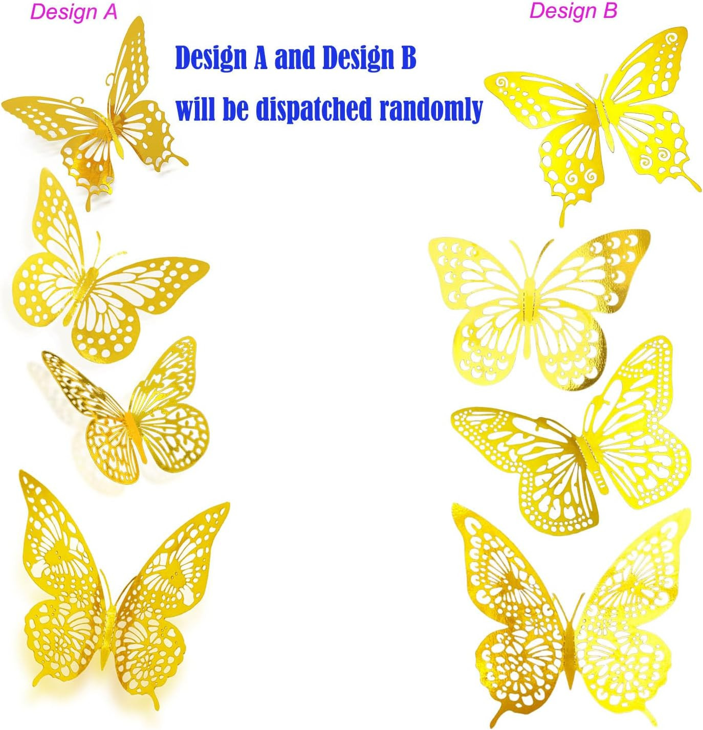 3D Butterfly Wall Decor Sticker -48 Pcs, 4 Styles, 3 Sizes Gold Butterflies Deco