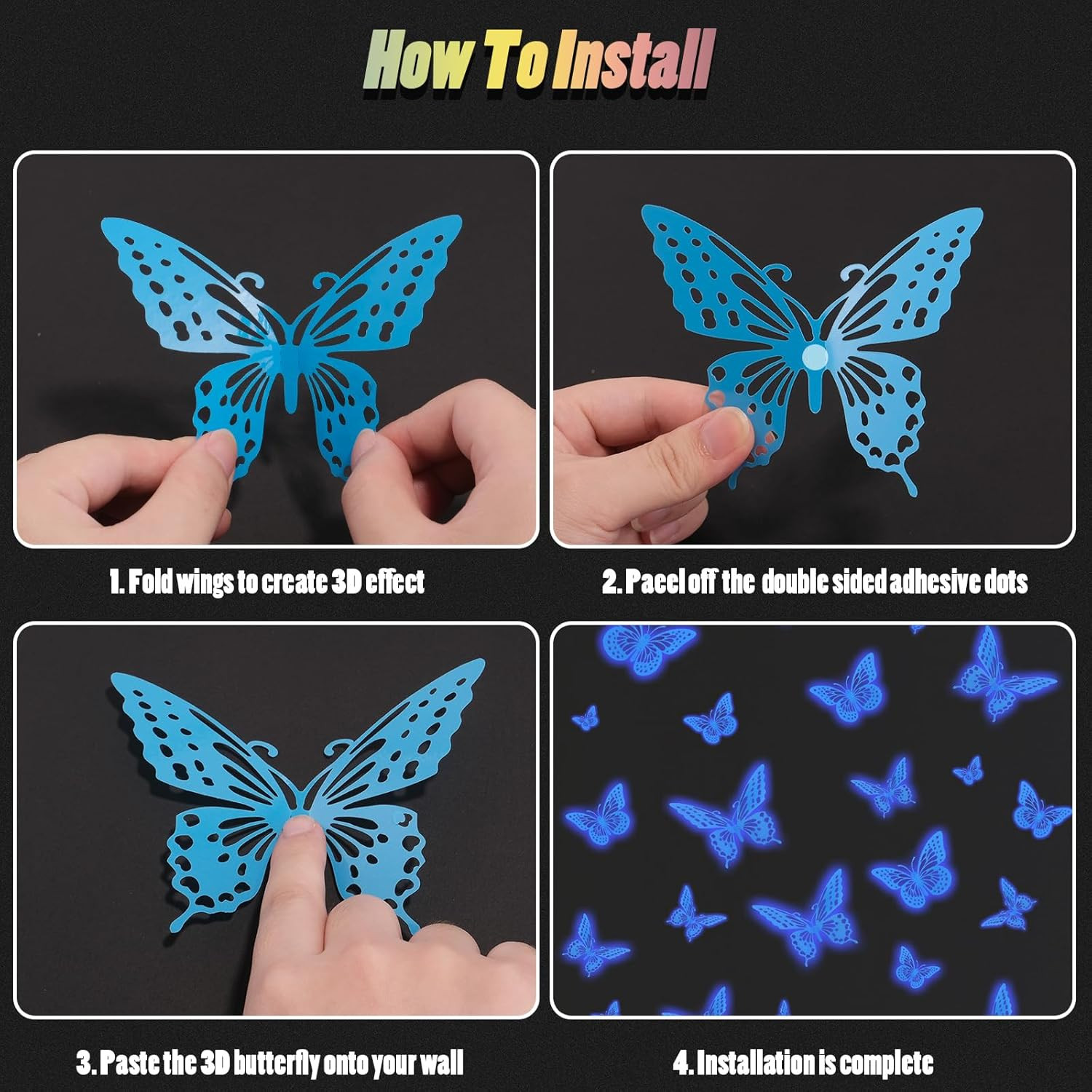 Glow in The Dark 3D Butterfly 24 Pcs 3 Sizes, Luminous Butterfly Stickers for…