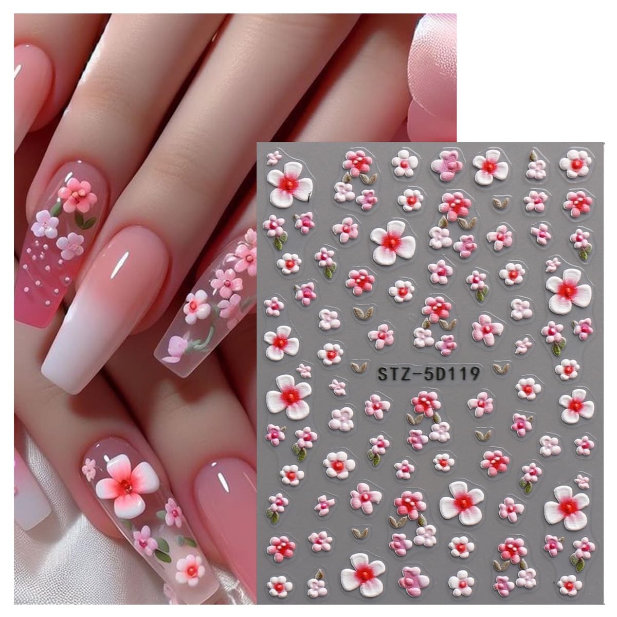 JMEOWIO 3D Embossed Flower Nail Art Stickers Decals Self-Adhesive 5D Colorful