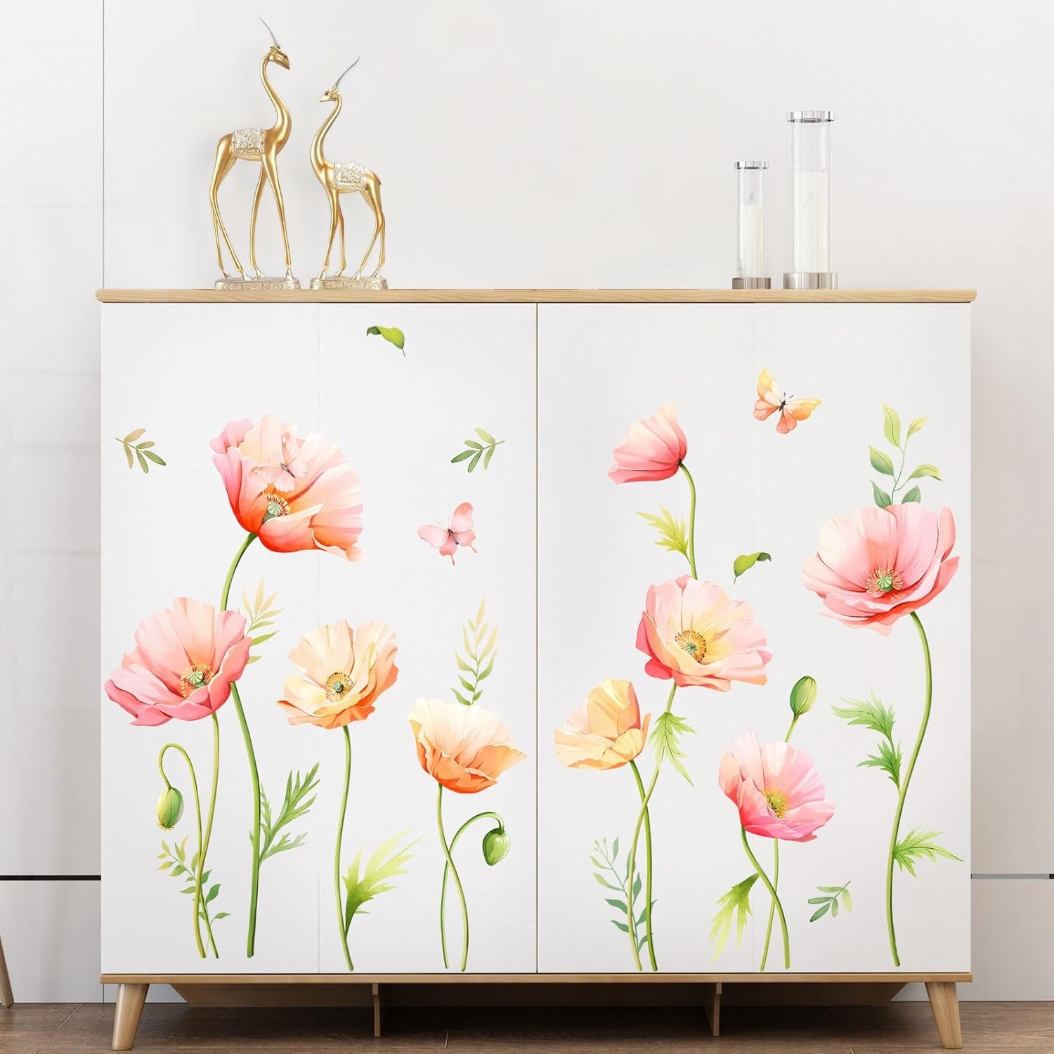 Large Pink Floral Wall Decals Poppy Flower Butterfly Multi-colored