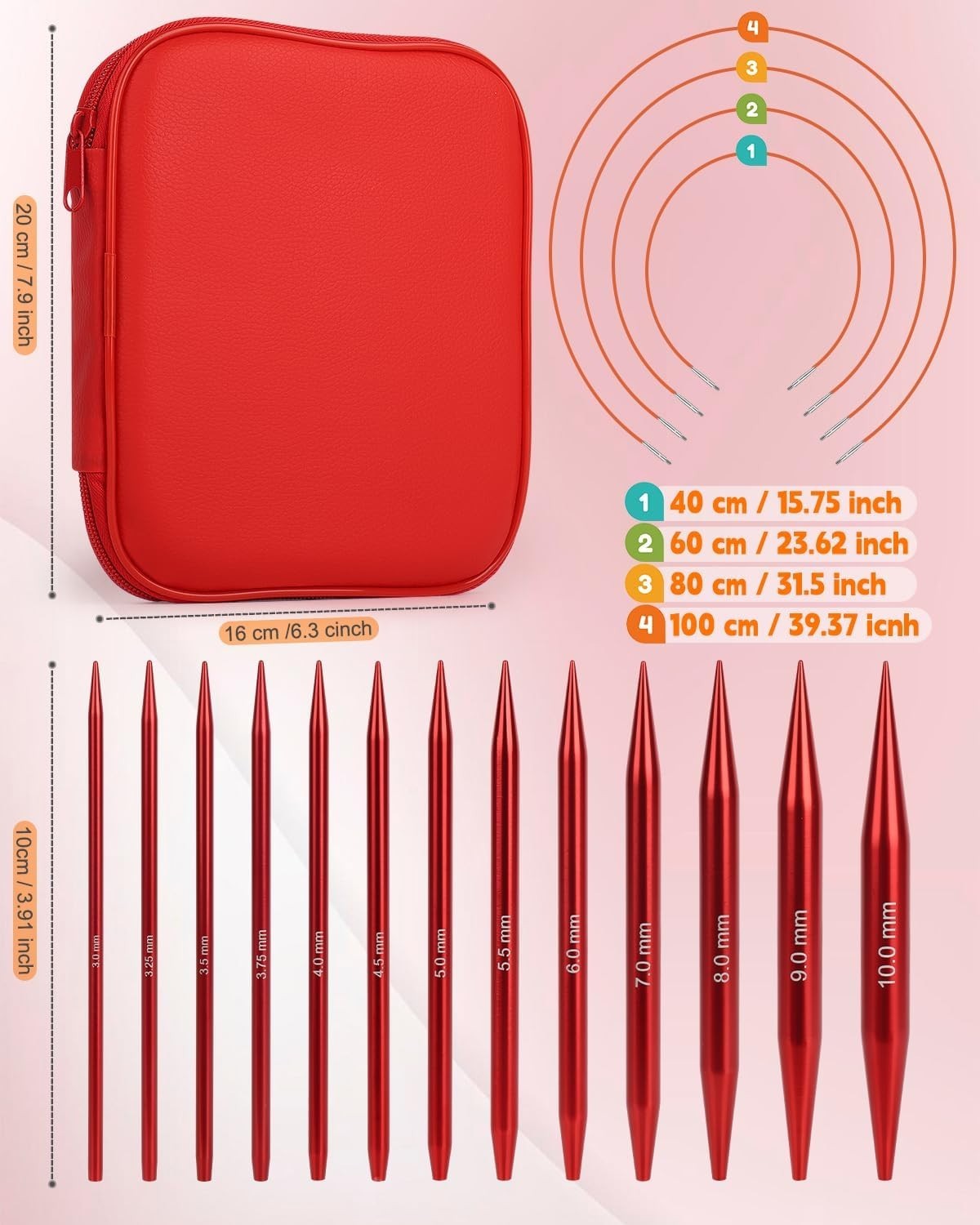 Interchangeable Knitting Needle Set w/Circular Cable for Crafters, 13 Needles