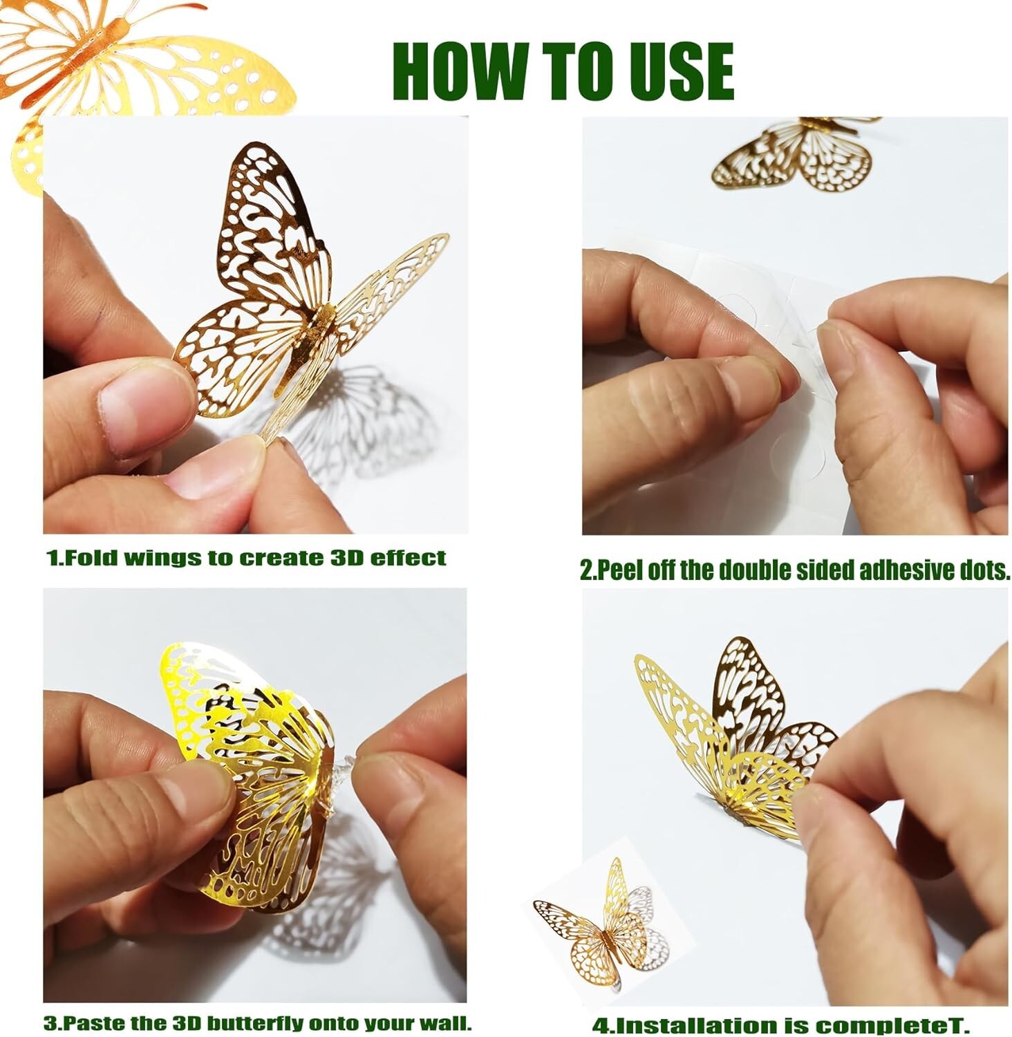 3D Butterfly Wall Decor 48 Pcs 4 Styles 3 Sizes, Gold Butterfly Decoration for B