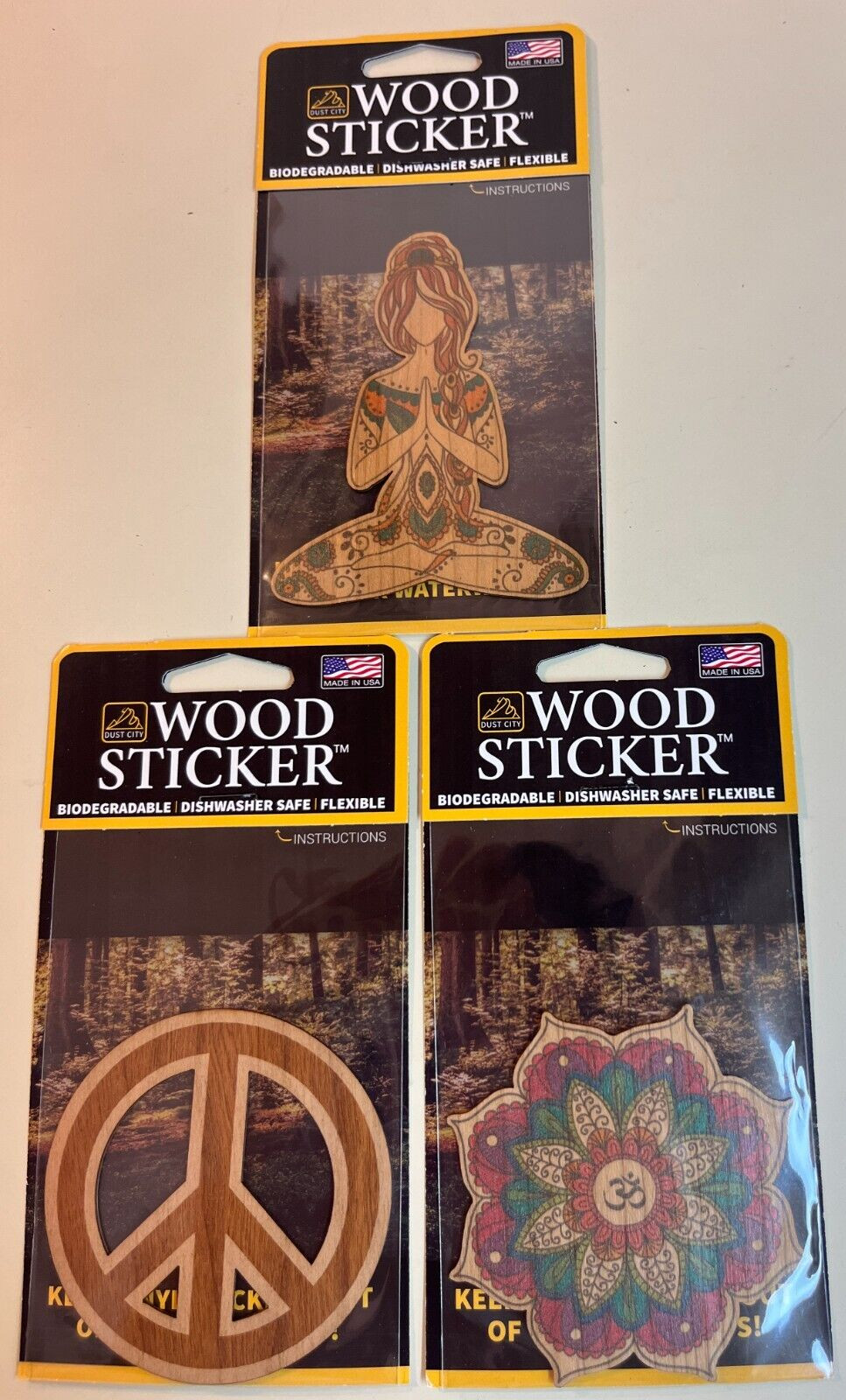 Dust City Wood 3 Stickers Lot Back to School, Nature, Peace, Namaste, Flower