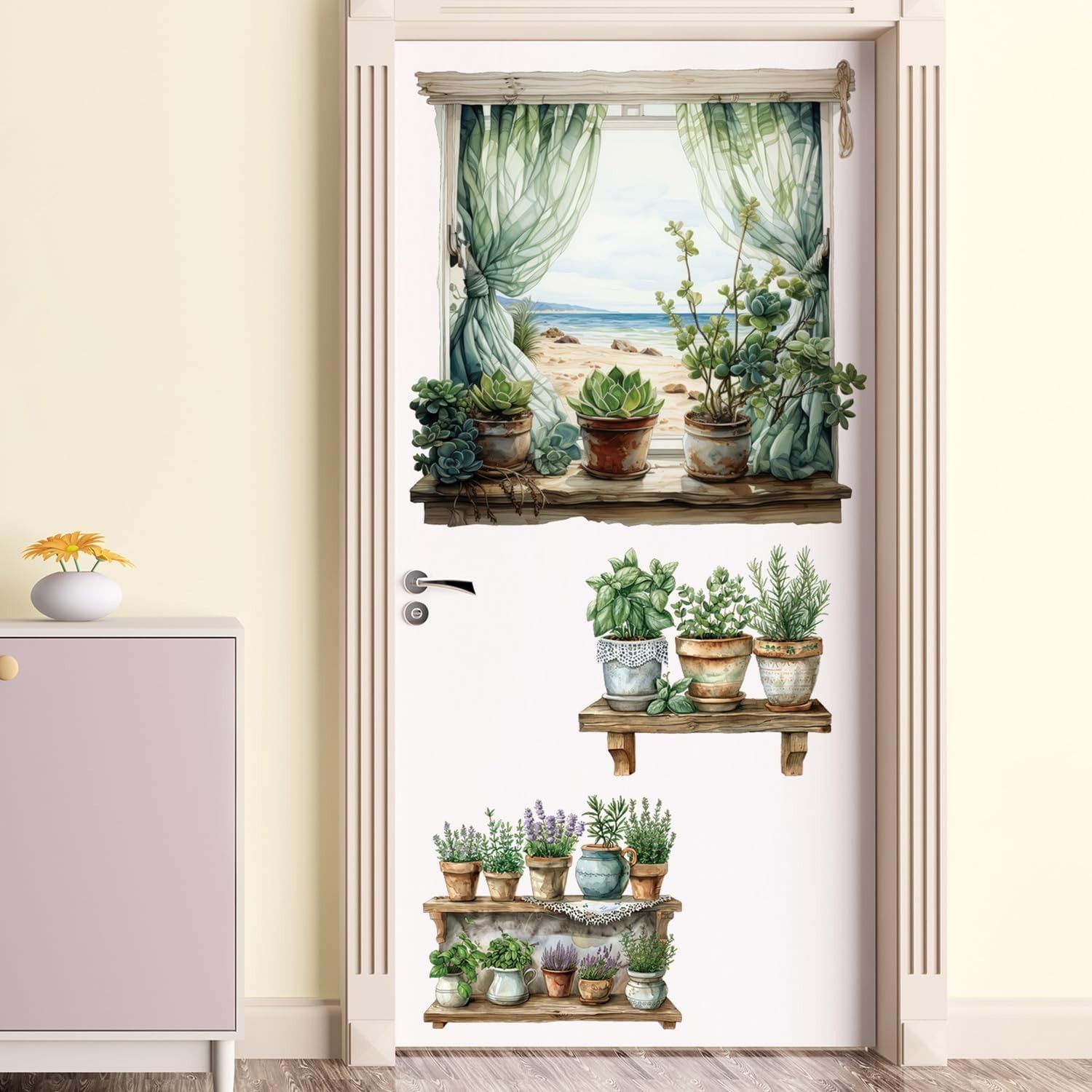3D Potted Plant Fake Windows Wall Decals Green Plants Succulent Wall Stickers