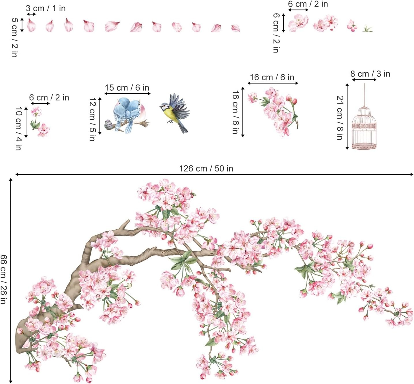 decalmile Cherry Blossom Tree Branch Wall Decals Pink Flower Birds Wall Stickers