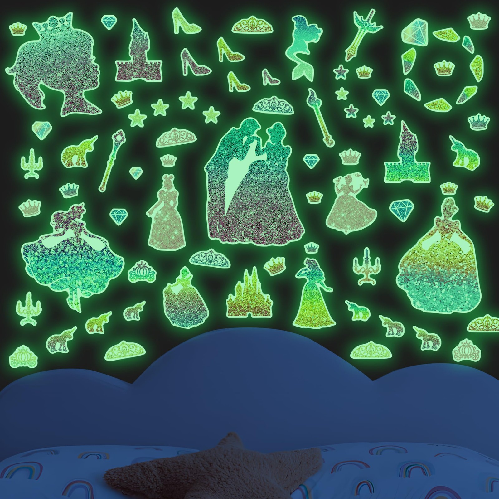 Glow in The Dark Princess and Crown Wall Decals, Glitter Stars Stickers for B…