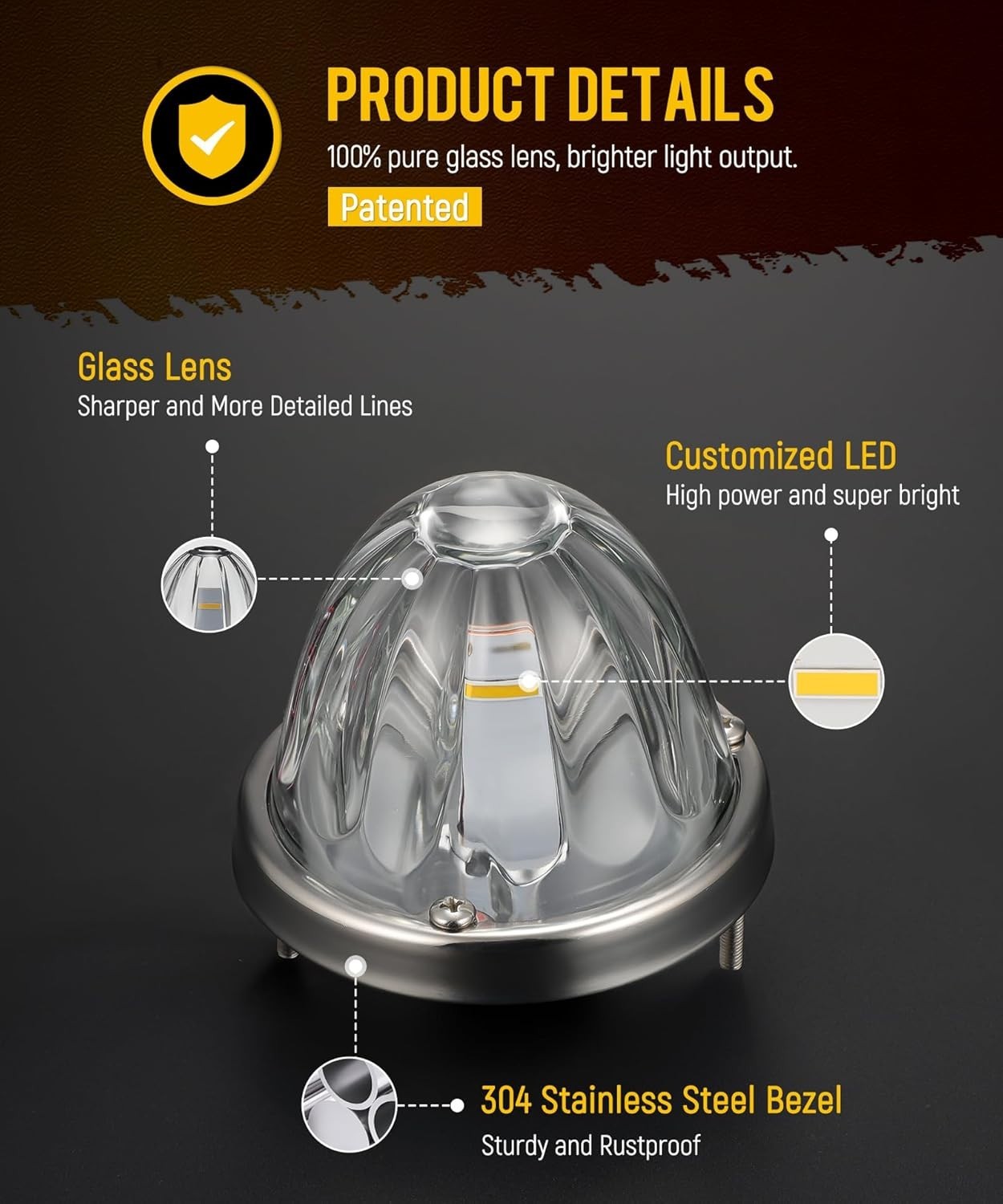 2Pcs Glass Watermelon Lights [Patent Pending] Clear Lens Amber LED Side