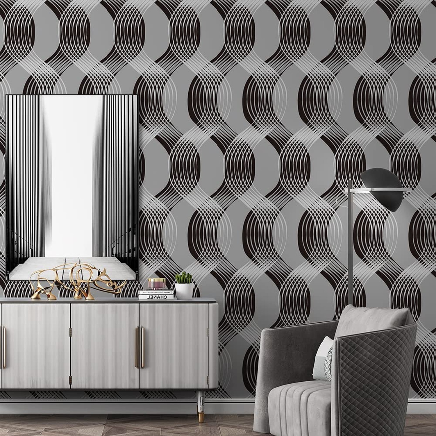 J1376 Geometric Waves Curve Peel and Stick Wallpaper 17.7" x 9.8ft Black/Gray…