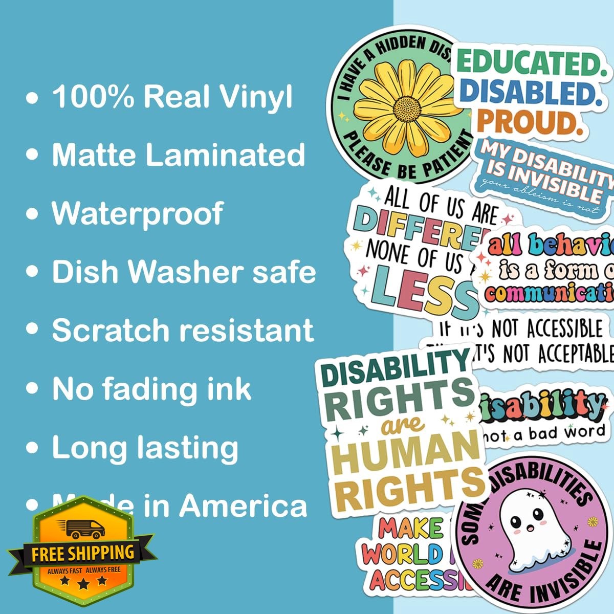 10pcs Disability Awareness Stickers Sheet Waterproof UV-Resistant