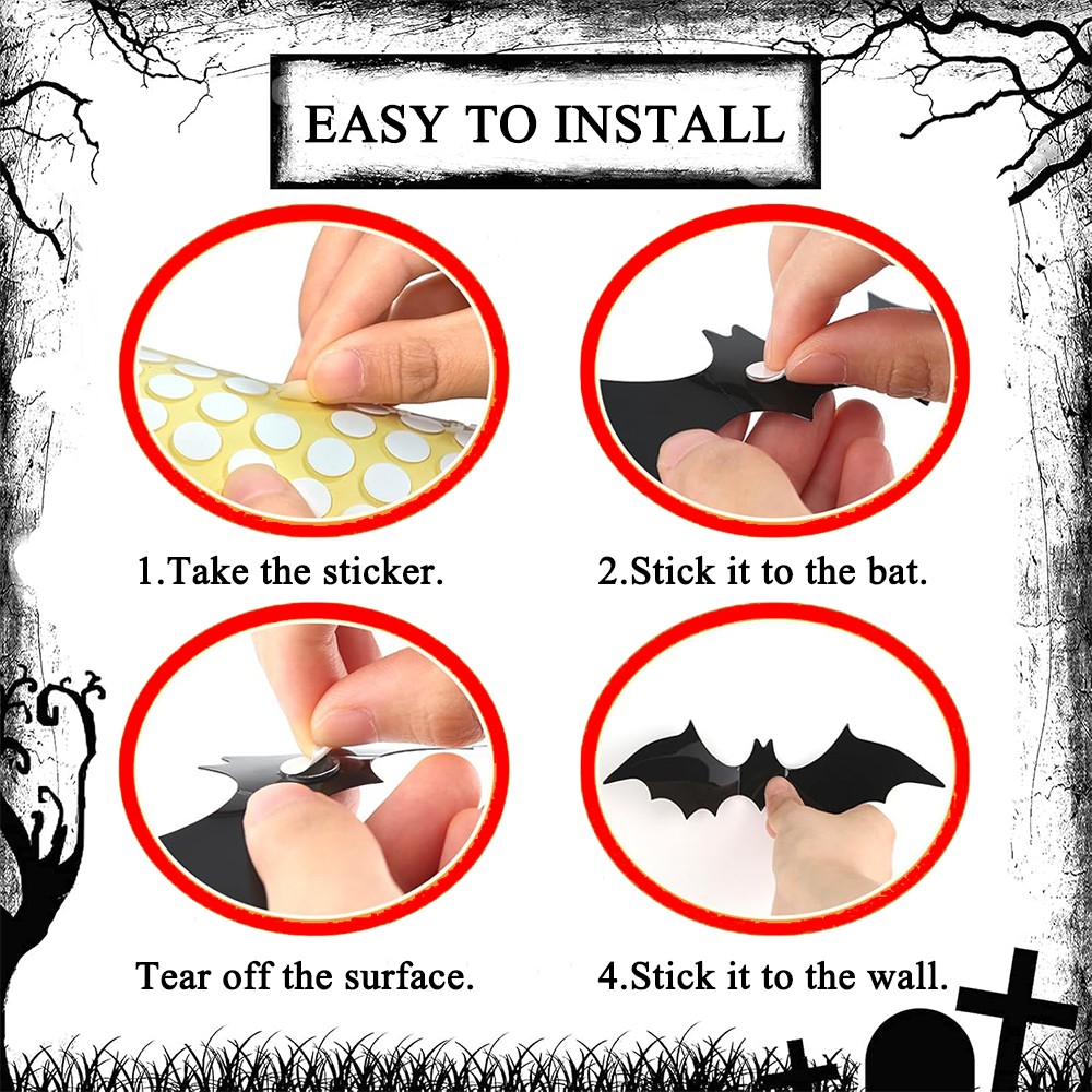 60PCS 3D Bats Scary Stickers Halloween Decoration Realistic PVC Home Party Decor