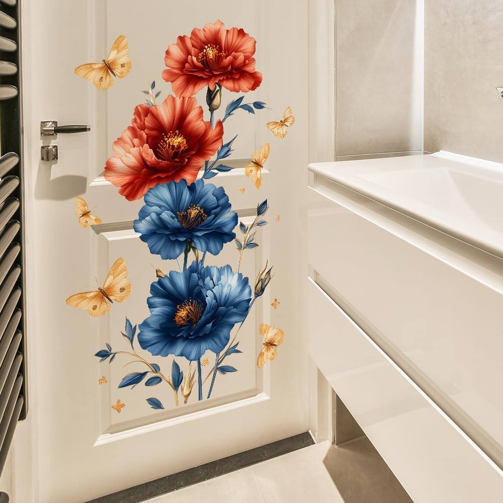 Flower Wall Stickers, Blue Peony & Purple Roses Mural for Room Decor