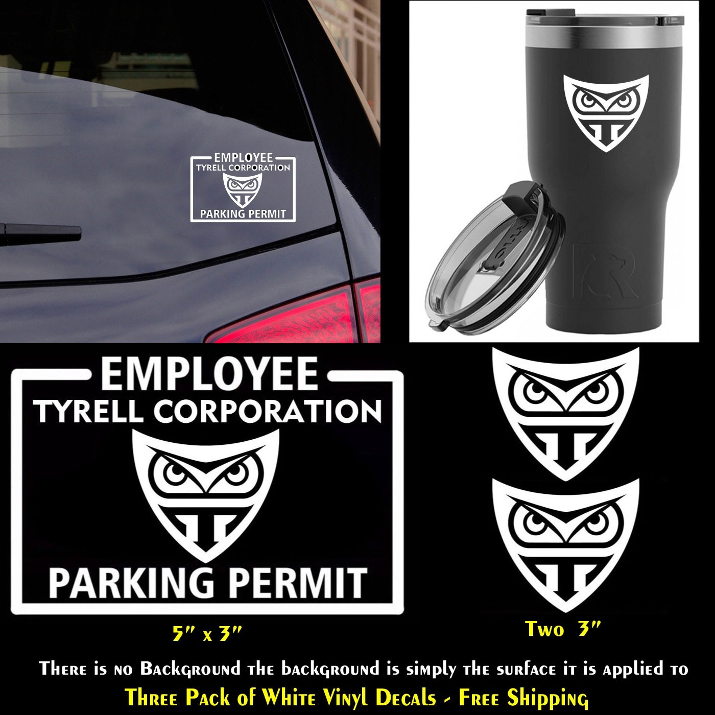 Tyrell Corporation Employee Permit & Logo 3 White Vinyl Decals Vehicle Window