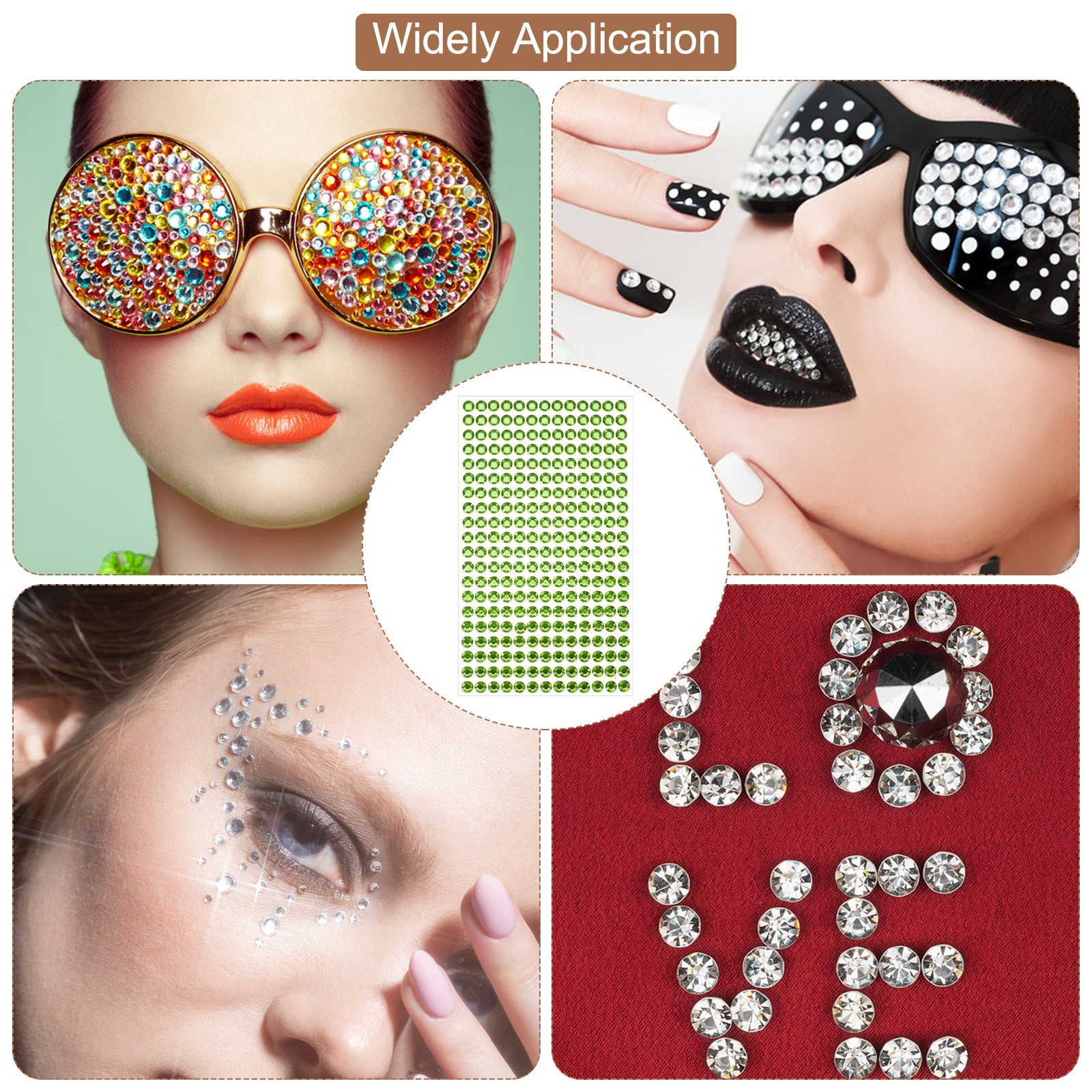 1394Pcs 4mm/6mm Self-Adhesive Rhinestone Stickers for Craft 4 Sheet Green