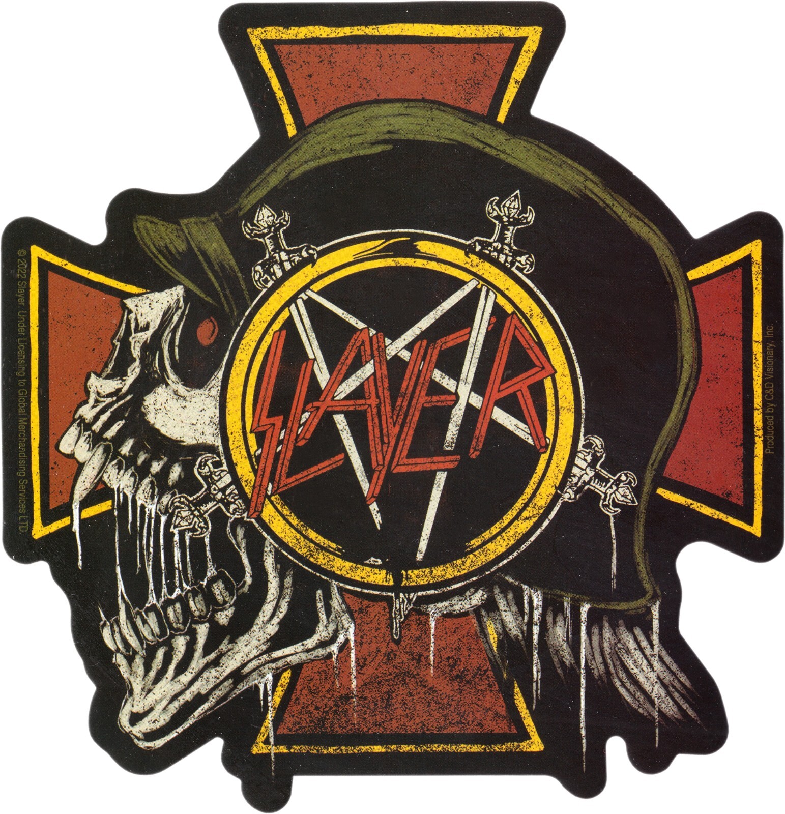 Sticker – Slayer Iron Cross And Skull With Pentagram 4.75" x 4.75" Die Cut #5986