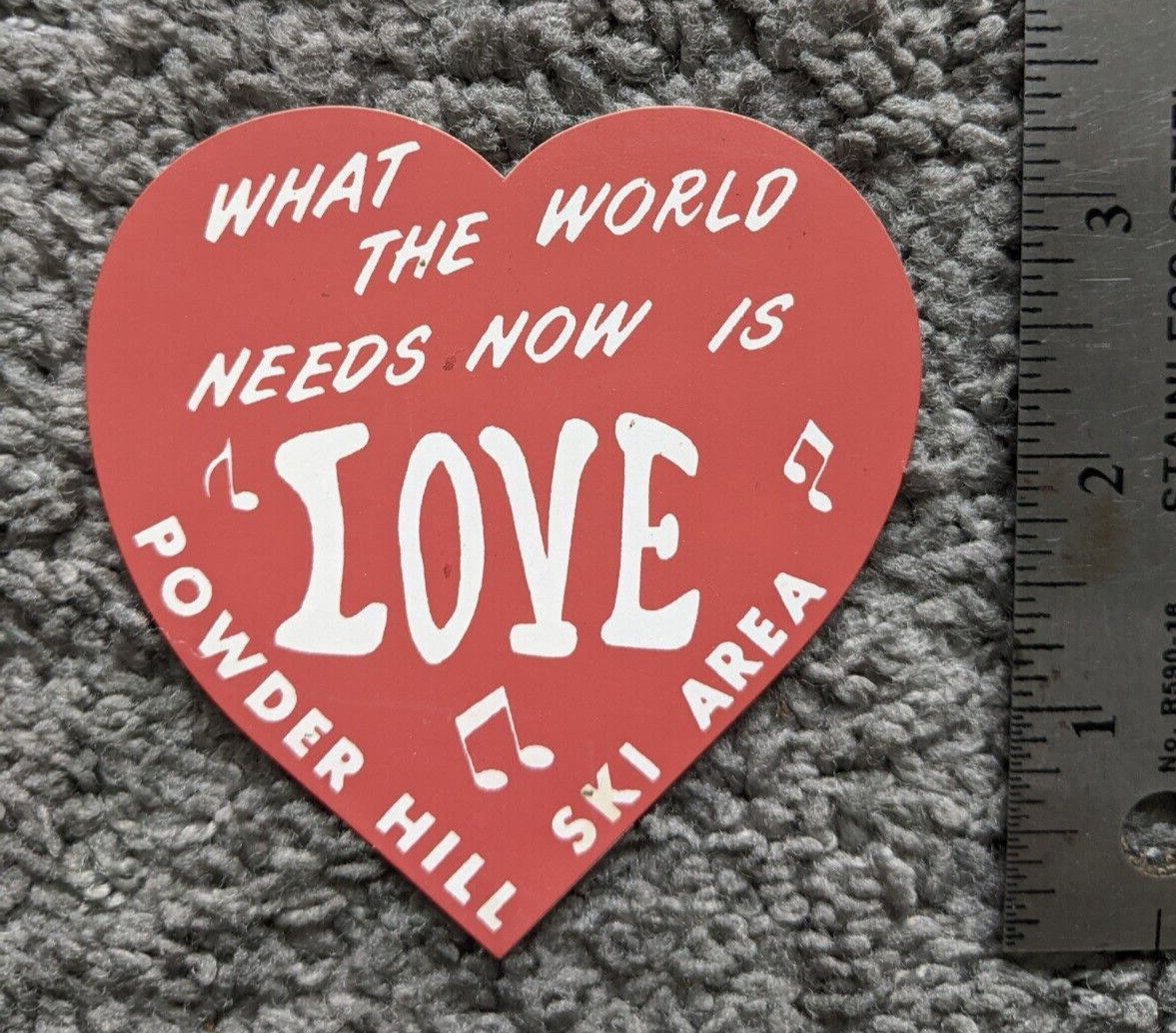 VTG 1970s POWDER RIDGE SKI AREA WORLD NEEDS NOW IS LOVE HEART 3" STICKER UNUSED