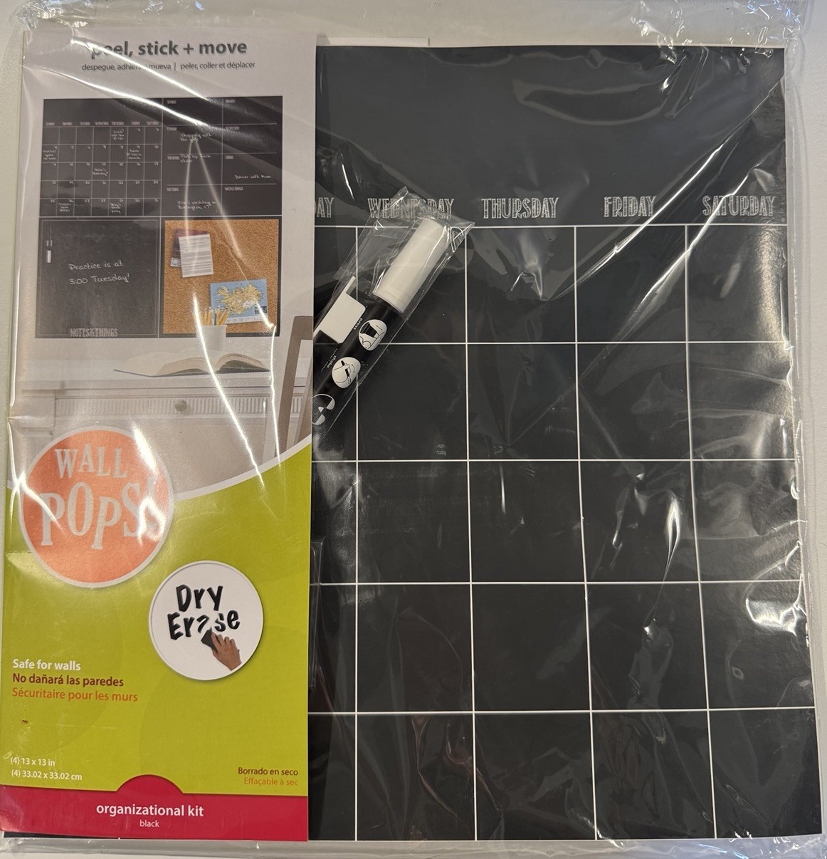 Wall Pops WPE1875 Black 4-Piece Organizer Kit Easy Peel & Stick NEW