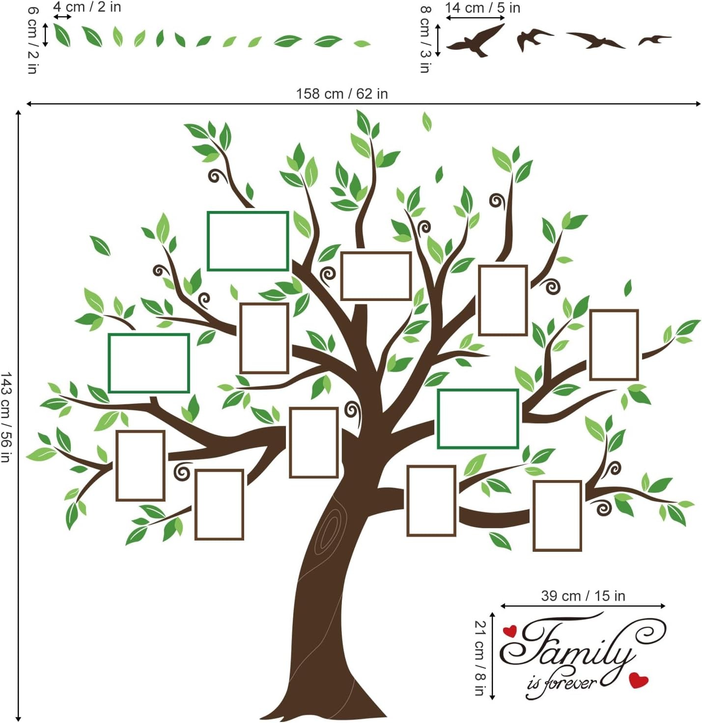 decalmile Large Family Tree Wall Decals DIY Photo Frame Multi