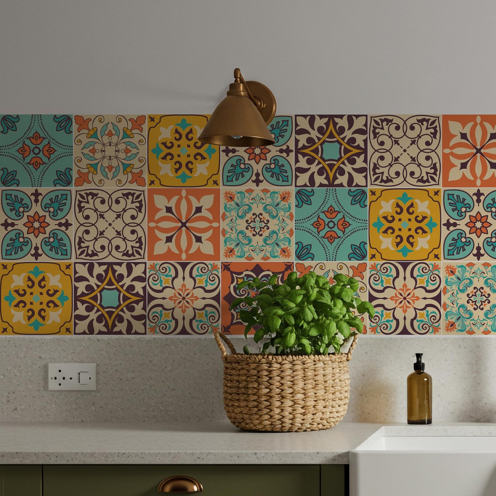 16 Pack, 5.9 Inch Terracotta and Teal Tile Stickers, Bohemian Patchwork Peel …