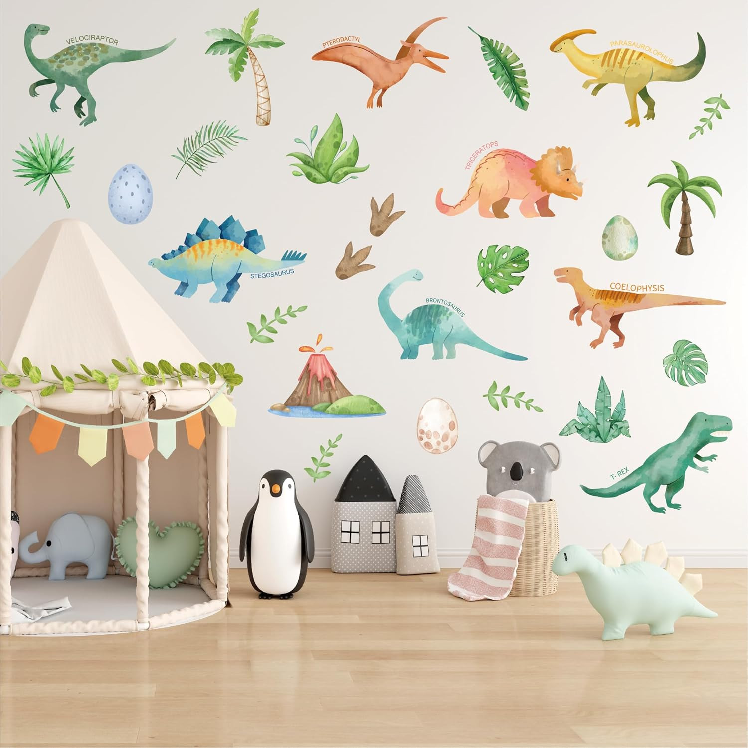 Watercolor Dinosaur Wall Decals – 28 Pcs Peel and Stick Dino Decor for Boys’ Bed