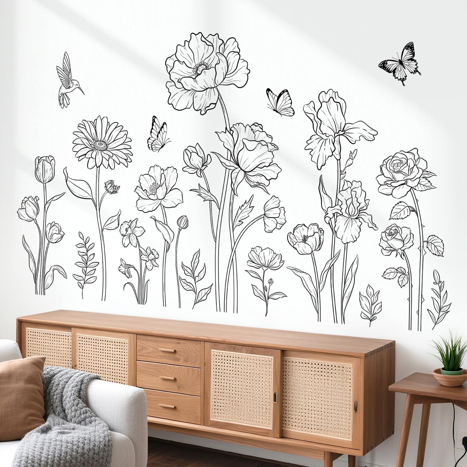 decalmile Large Black Boho Flower Wall Decals Simple Sketch Floral Multi