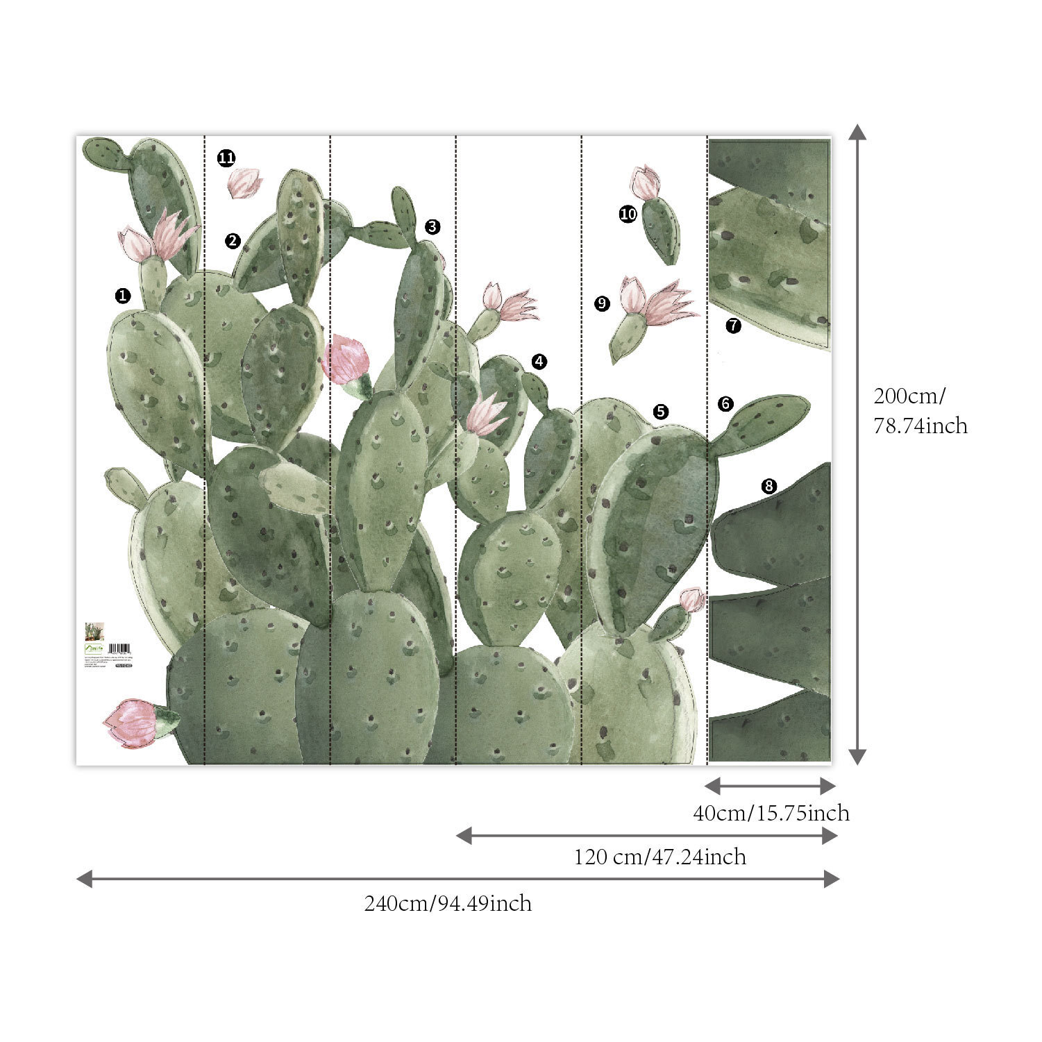 Self Adhesive Giant Prickly Pear Cactus Wall Stickers 93.70" x 92.52"