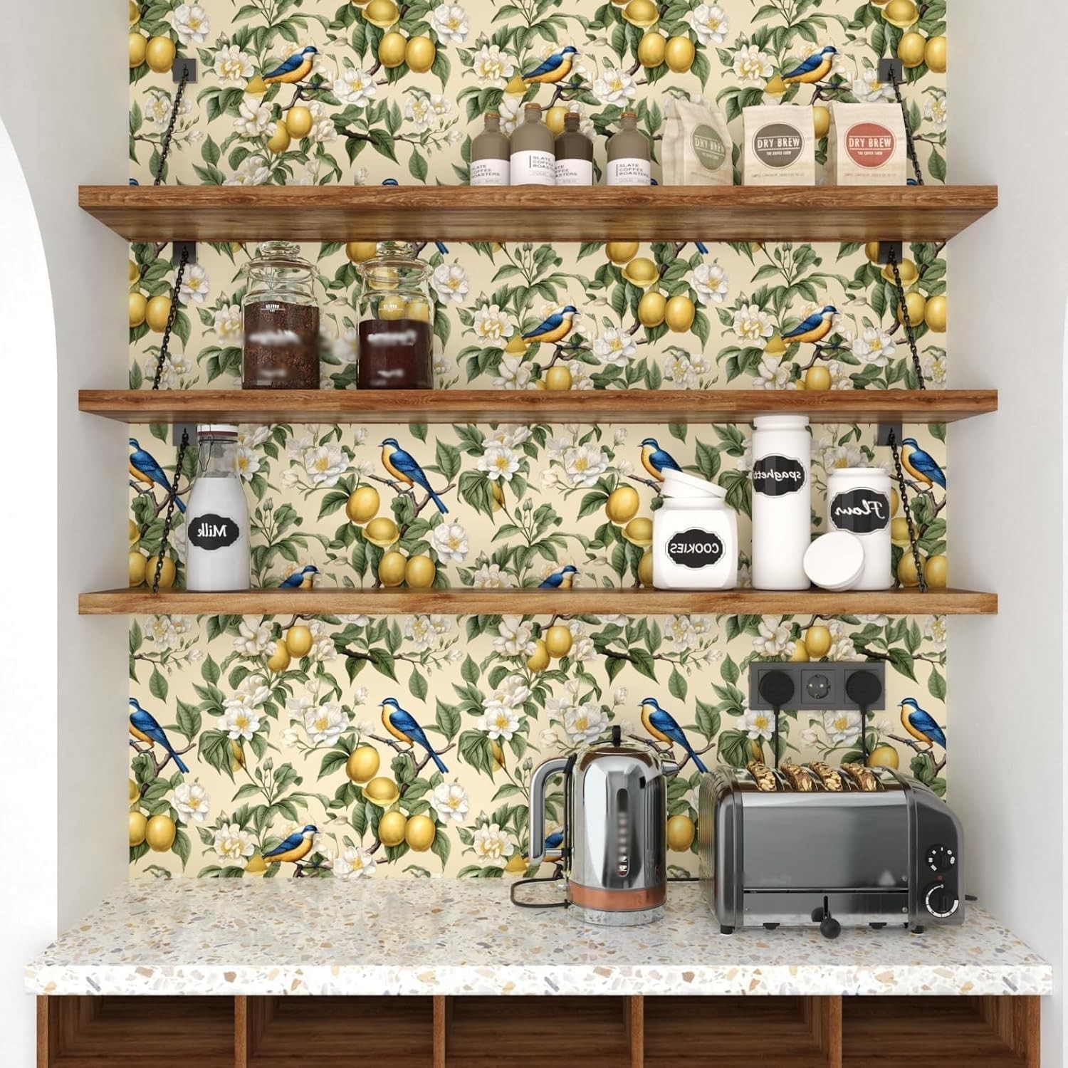 Fvlow Birds on Lemons Tree Wallpaper Vintage Yellow Floral Peel and Stick Kit…