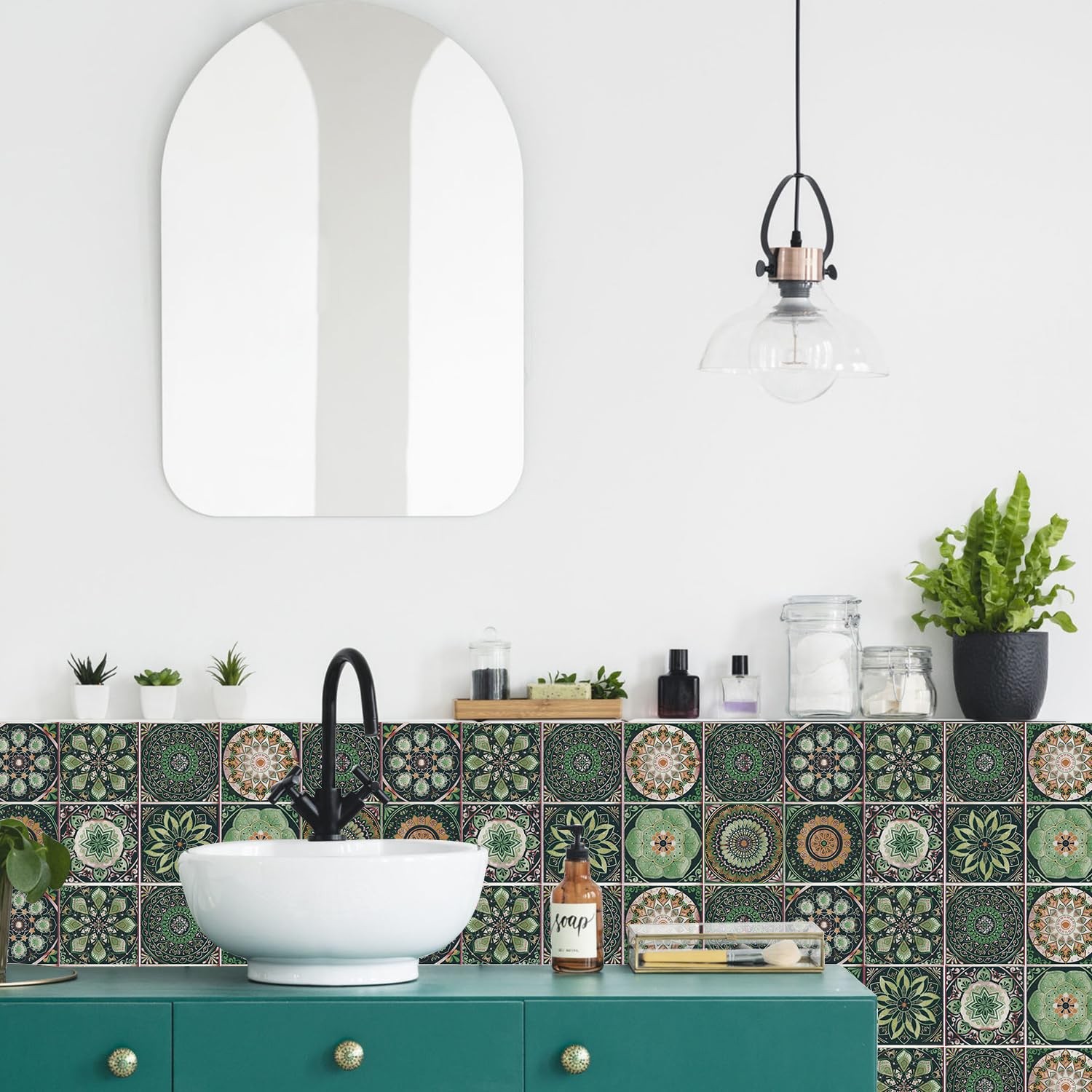 12 PCS Green Mandala Tile Stickers 6×6 inch – Moroccan Style Peel and Stick W…