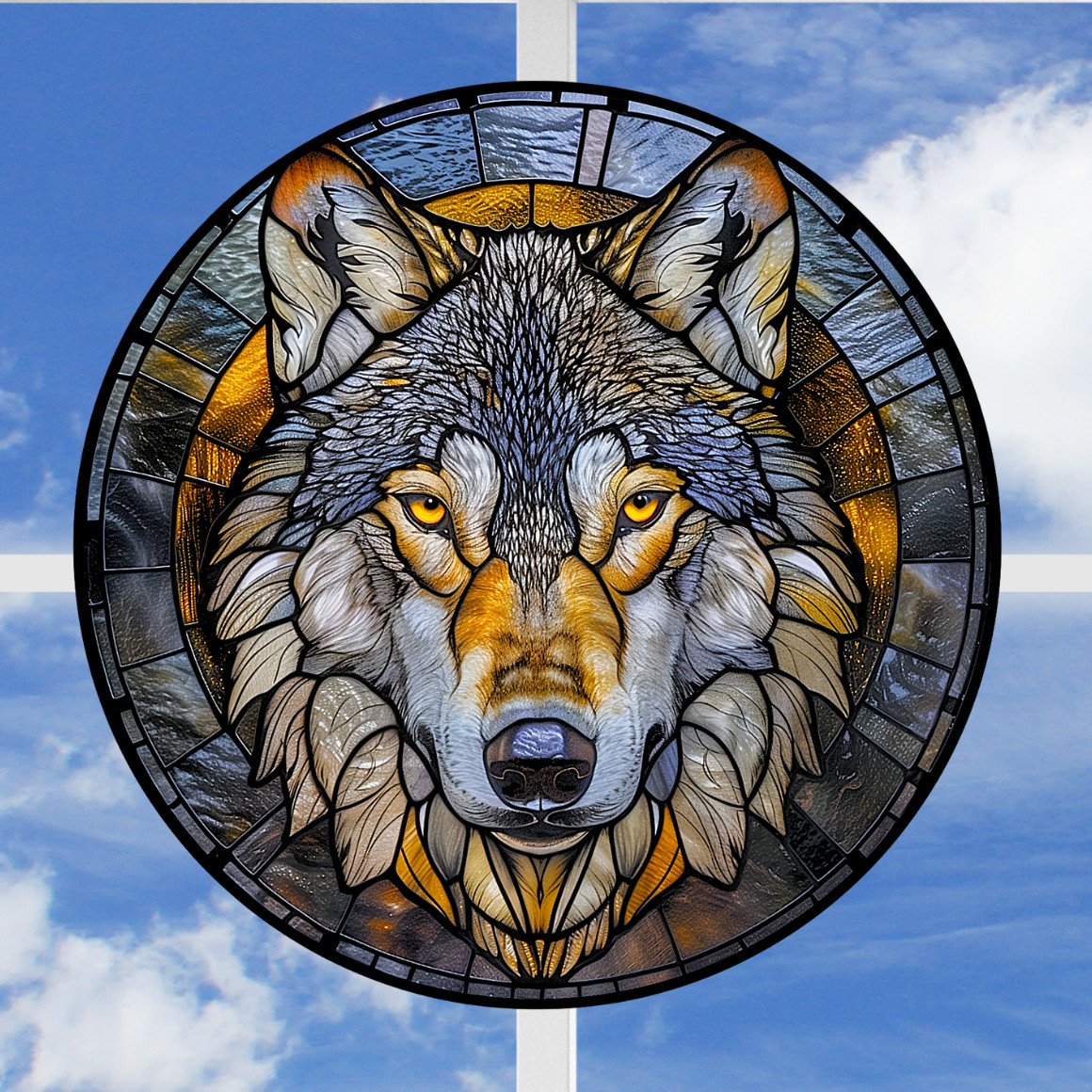 Wolf Faux Stained-Glass WINDOW CLING Sun-catcher Size 8" Round Vinyl