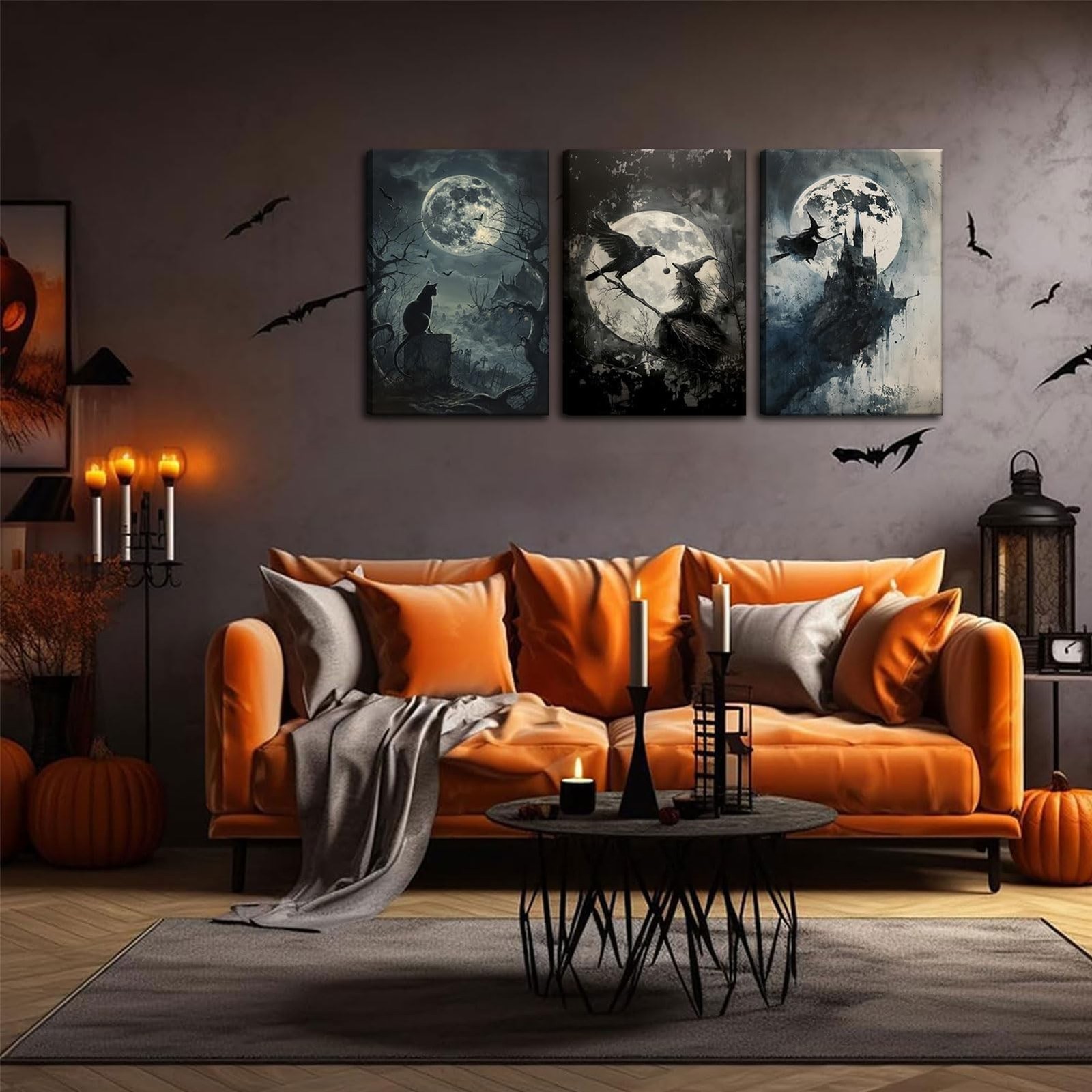 3Pcs Halloween Witch Canvas Wall Art Vintage Witchy Woman Black Cat Crow Wall…