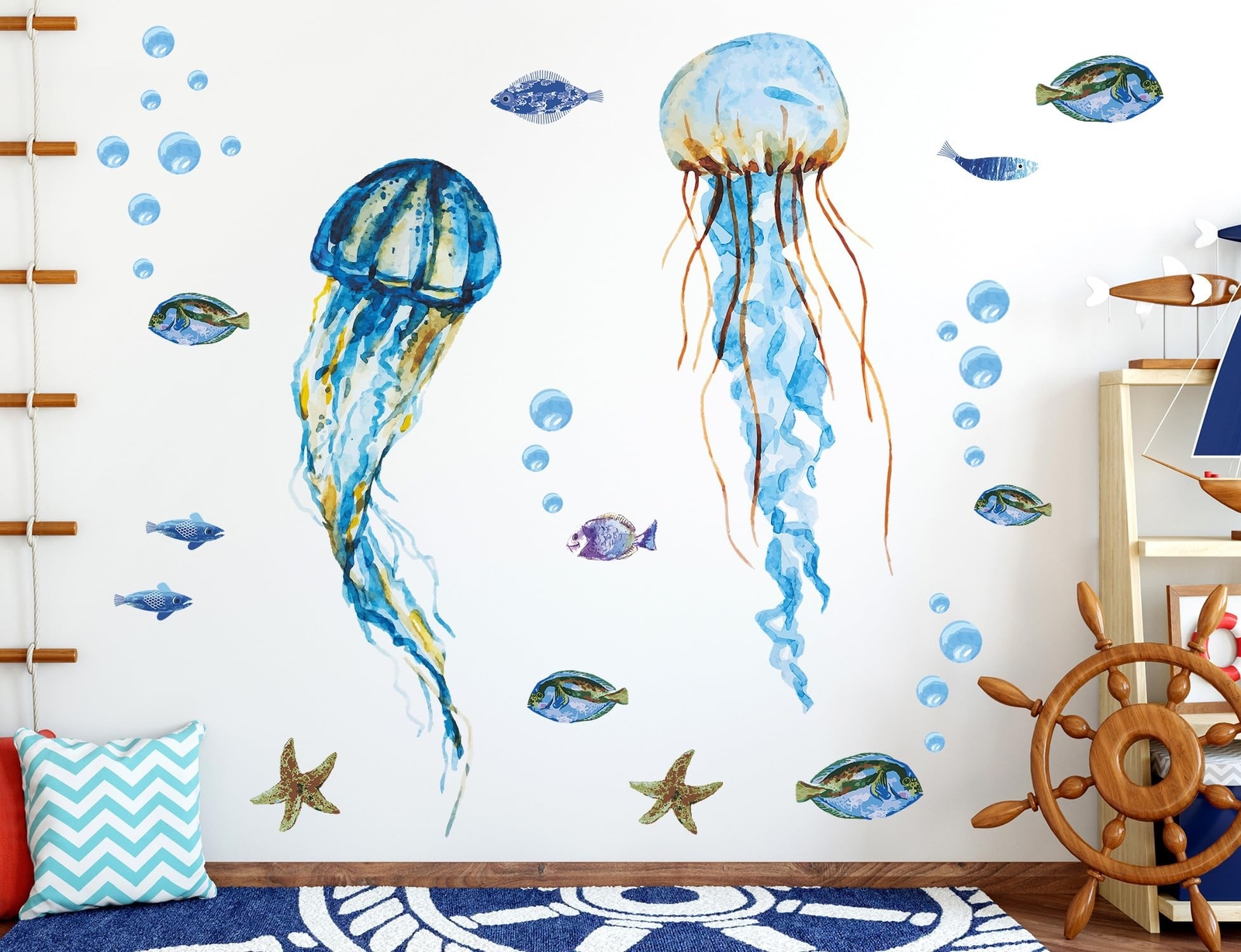Creative Watercolor Blue Jellyfish Wall Decals Under The Sea Fish Animals Wal…
