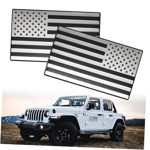 2 Pack Embossed 3D Metal American Flag Emblem Decal Stickers, 5" x 3" Silver
