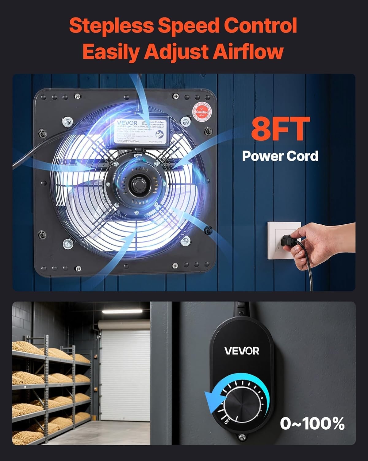 10 Inch Shutter Exhaust Fan, Wall Mounted Attic Vent Fan with Variable Speed Con