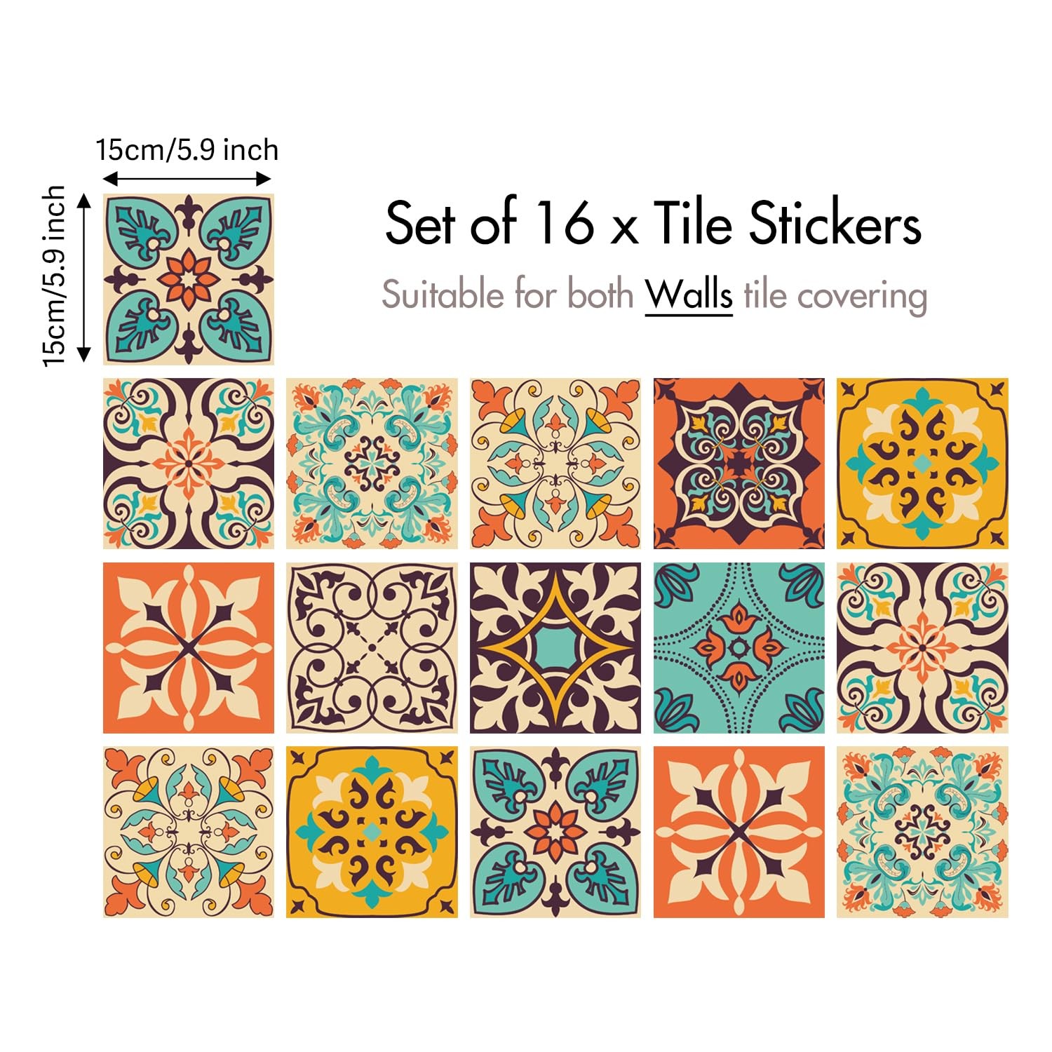 16 Pack, 5.9 Inch Terracotta and Teal Tile Stickers, Bohemian Patchwork Peel …