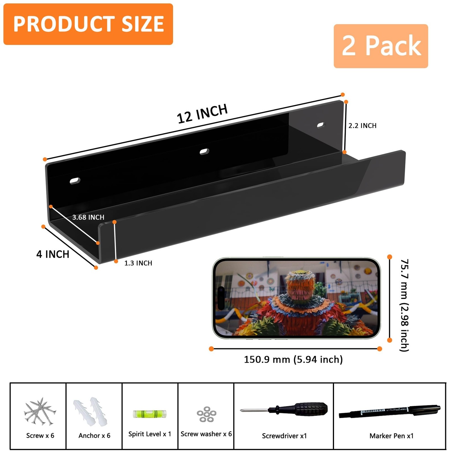 12 Inches Black Acrylic Wall Shelf for Home, 2 Pack, Acrylic Organizer Shelve…